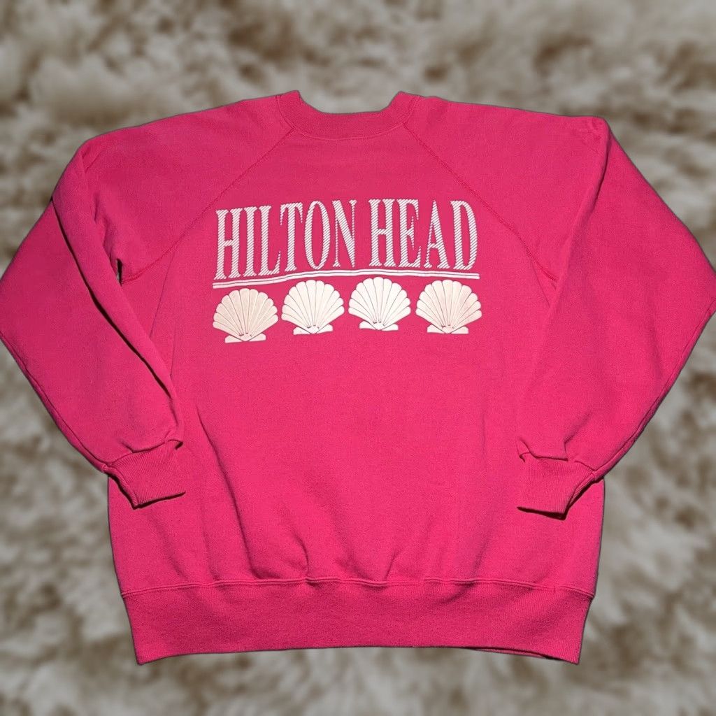 VINTAGE Hilton Head Sweatshirt Womens XL Hanes Crewneck Beach 90s Pink US South Carolina Seashells Logo Pullover Sweatshirt Womens XL