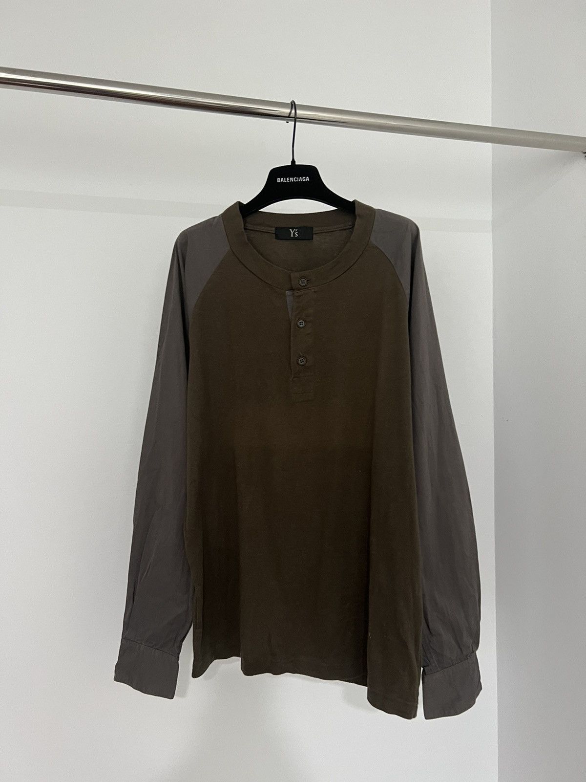 image of Yohji Yamamoto - Y’S - Hybrid Long Sleeve Shirt in Khaki Green, Men's (Size Medium)