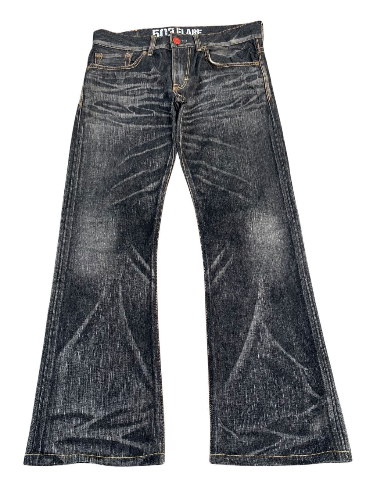 Edwin RARE💥EDWIN 503 FLARE BLUE TRIP CLAWNMARK MUDWASH DENIM Size US 35 - 4 Thumbnail
