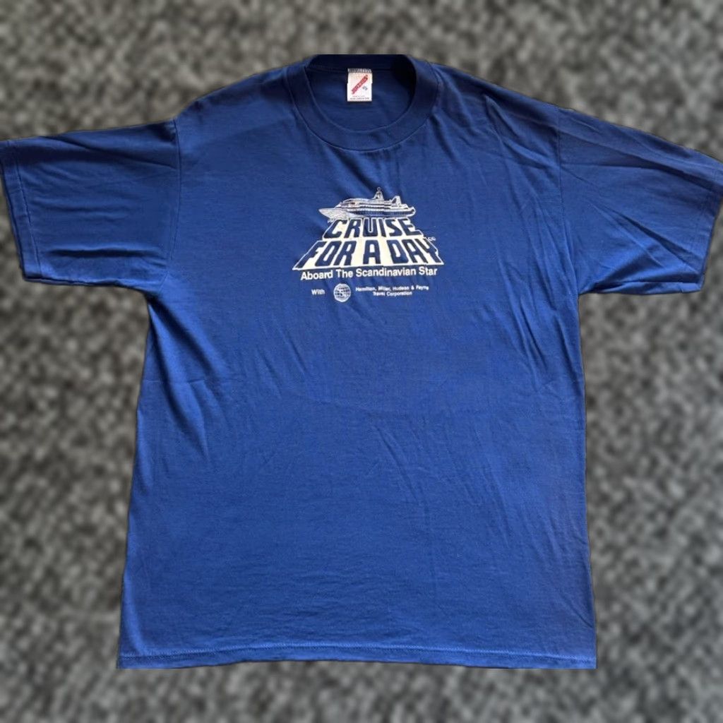 Jerzees VINTAGE 80s Cruise For A Day Aboard The Scandinavian Star T Shirt XL Men Blue Logo Graphic Print Short Sleeve Crew Neck Ship 1980s Beach Size US XL / EU 56 / 4 - 1 Thumbnail