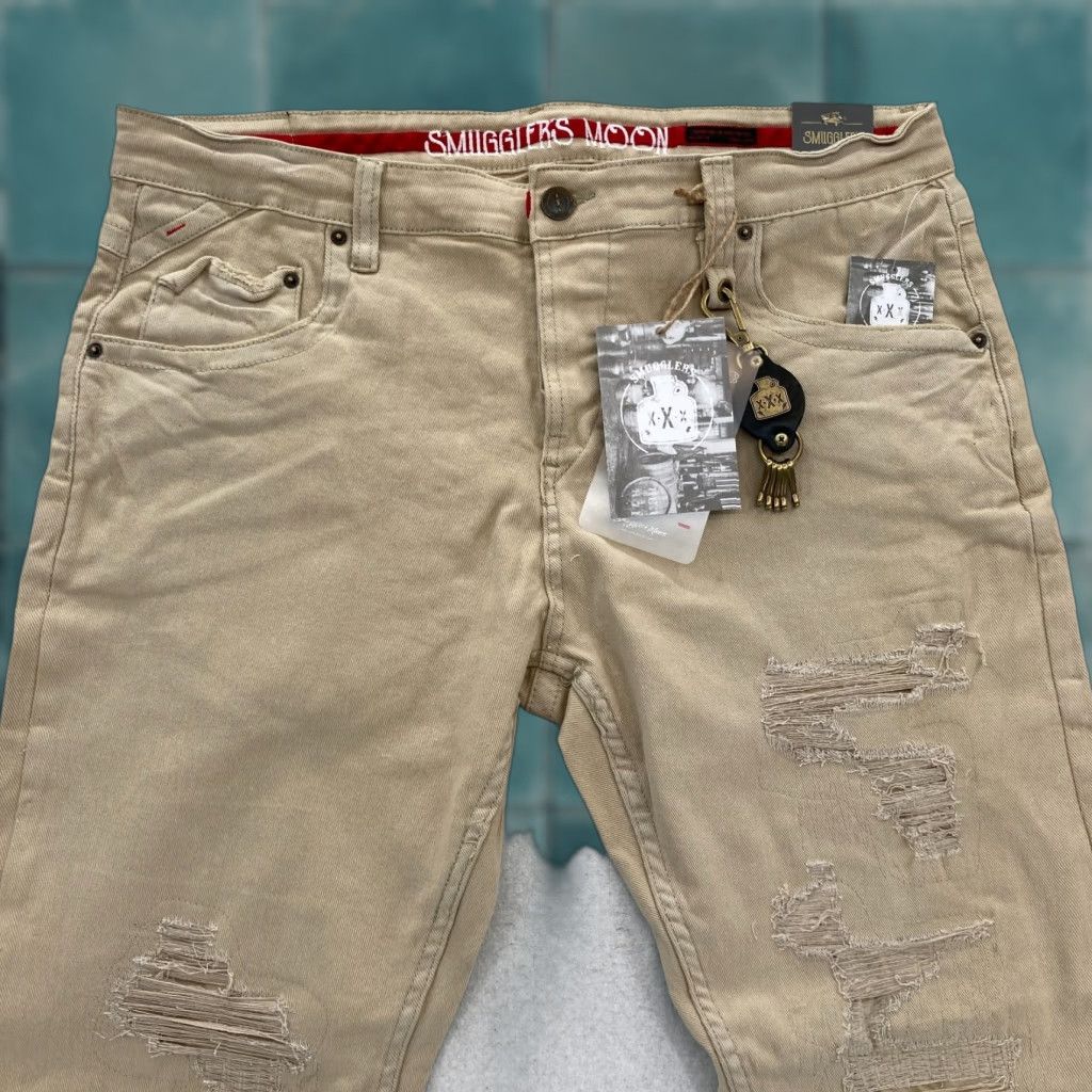 Denime Smugglers Moon Jeans Mens 40x33 Khaki Beige Denim Button Fly Roll Up Distressed Size US 40 / EU 56 - 1 Thumbnail