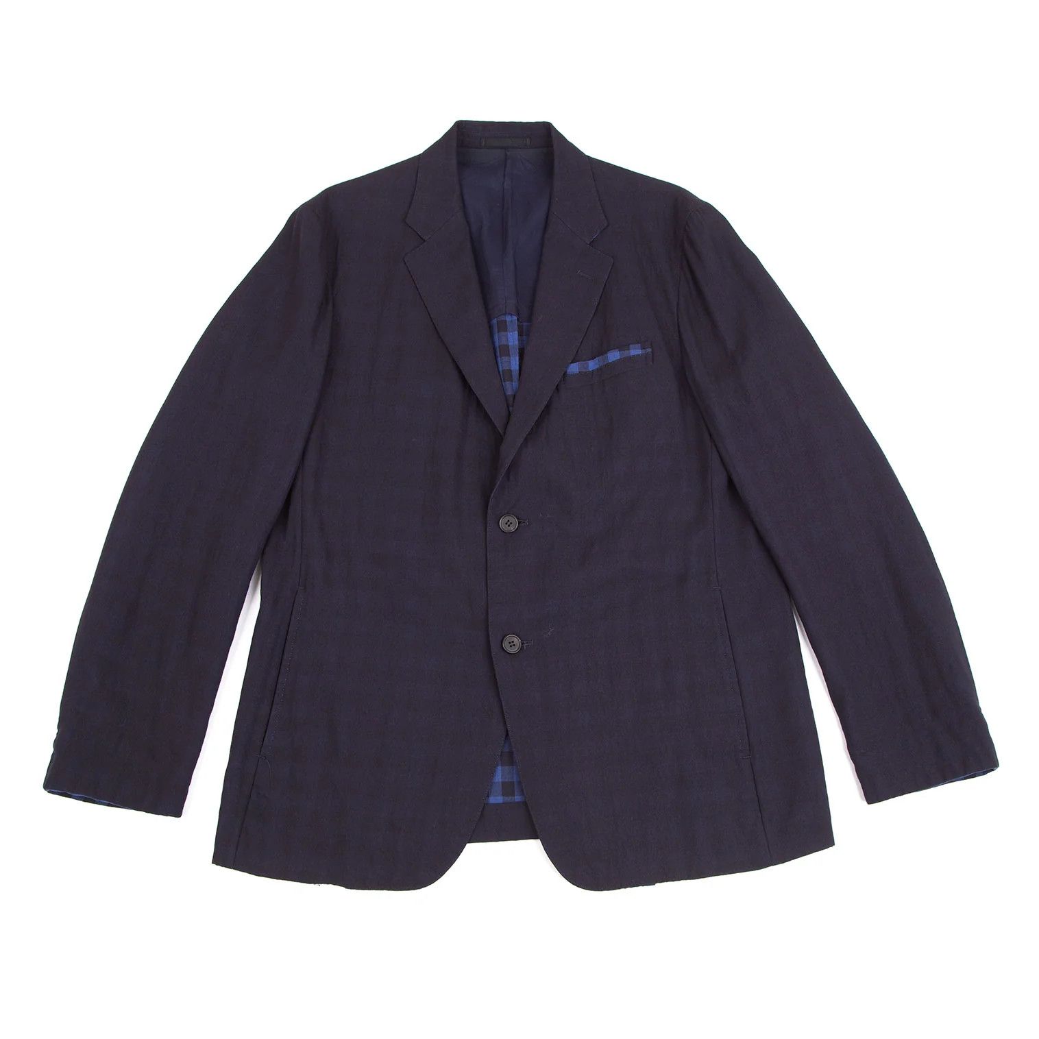 Issey Miyake Summer Wool Jacket in Navy with Check Pattern Size US XL / EU 56 / 4 - 1 Thumbnail