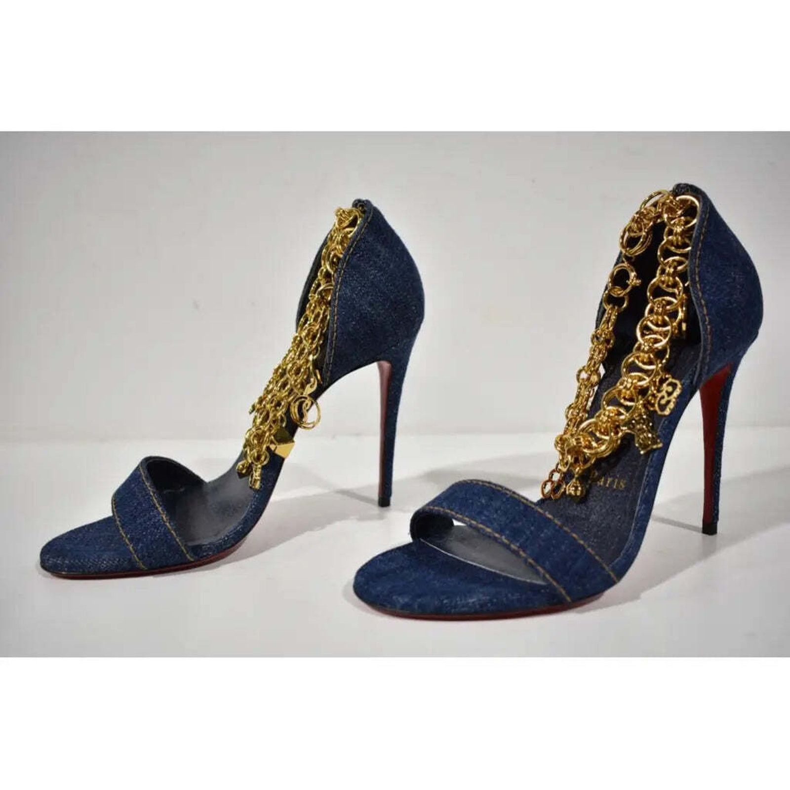 Christian Louboutin Gourmi Sandal 100 Denim Gold Charm Ankle Strap Heel Pump 37 Size US 7 / IT 37 - 10 Thumbnail