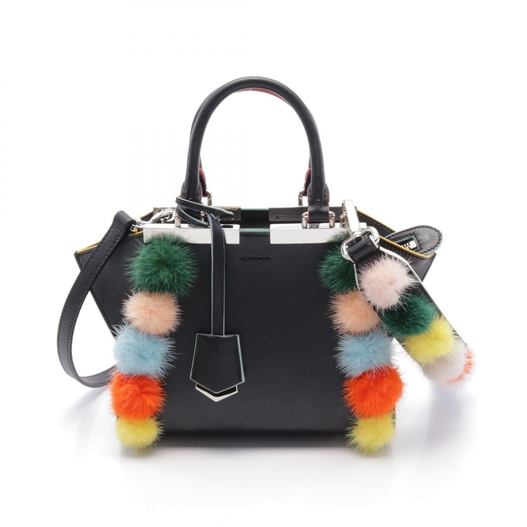 Fendi Fendi Mini Troisours Multicolored Fur Pom-Poms Handbag Leather Black Multicolor Size ONE SIZE - 1 Thumbnail