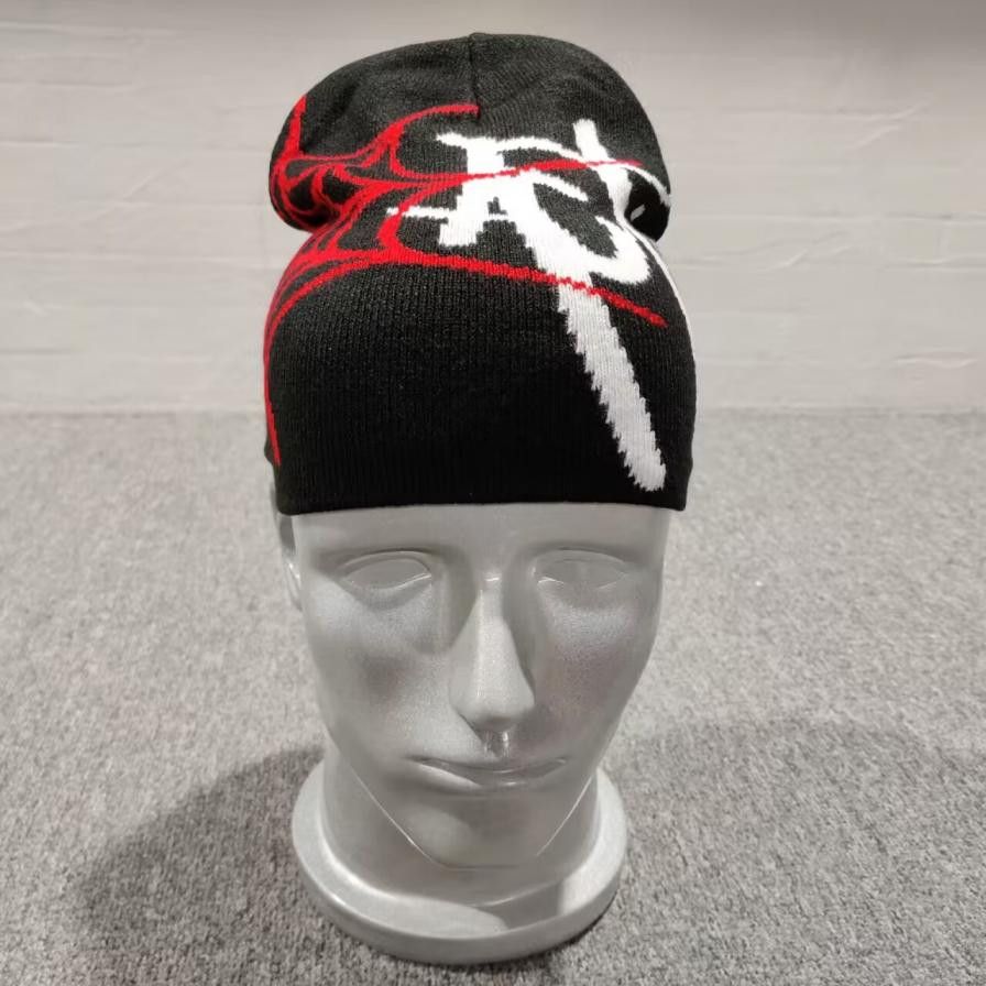 Japanese Brand Activate Spider Web Graphic No Cuff Knit Beanie Hat Black Size ONE SIZE - 2 Thumbnail