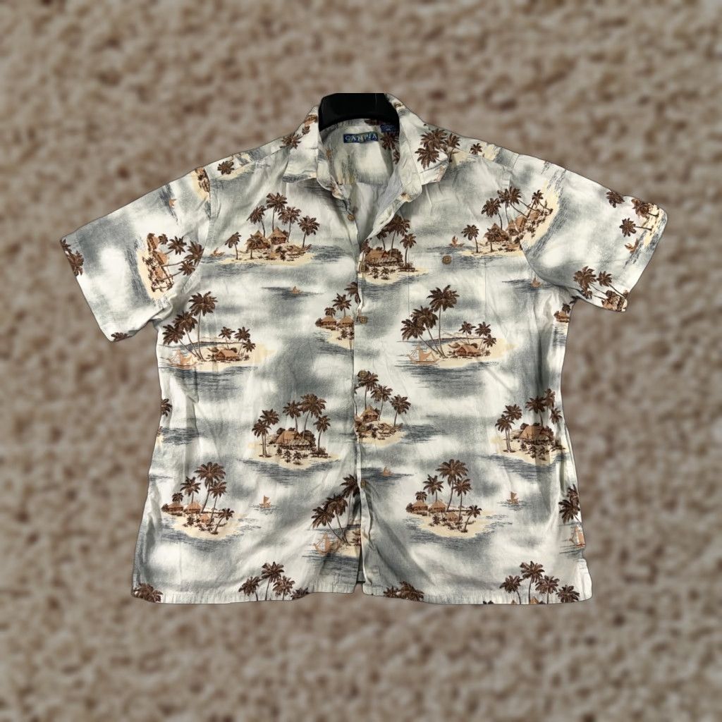 Vintage VINTAGE Campia Shirt Men 2XL Gray Brown Hut Beach Palm Hawaiian Cotton Button Up Size US XXL / EU 58 / 5 - 1 Thumbnail