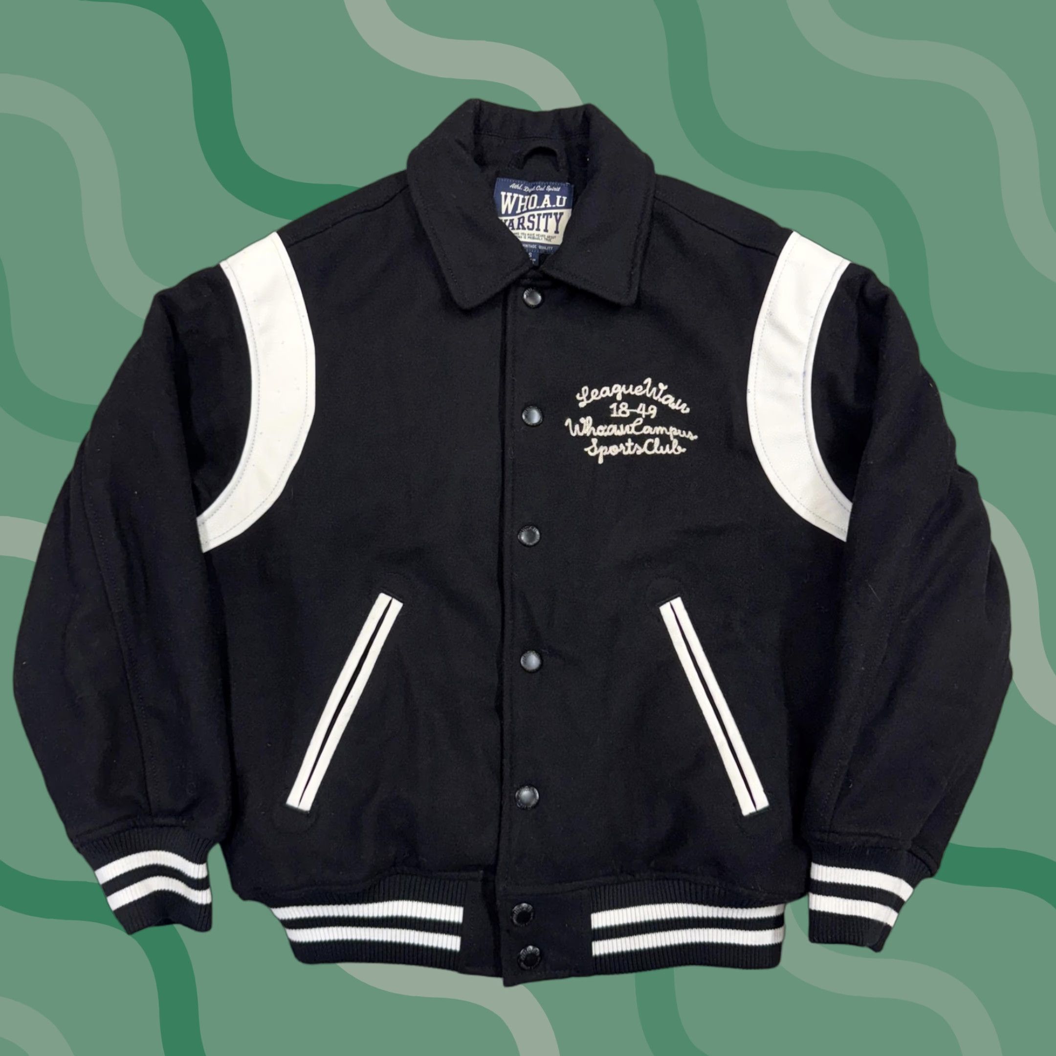 Vintage VINTAGE WHO.A.U Varsity Jacket Mens Small Black White Quilted Lined Snap Button Striped Shirt/Coat/Jacket Size US S / EU 44-46 / 1 - 1 Thumbnail
