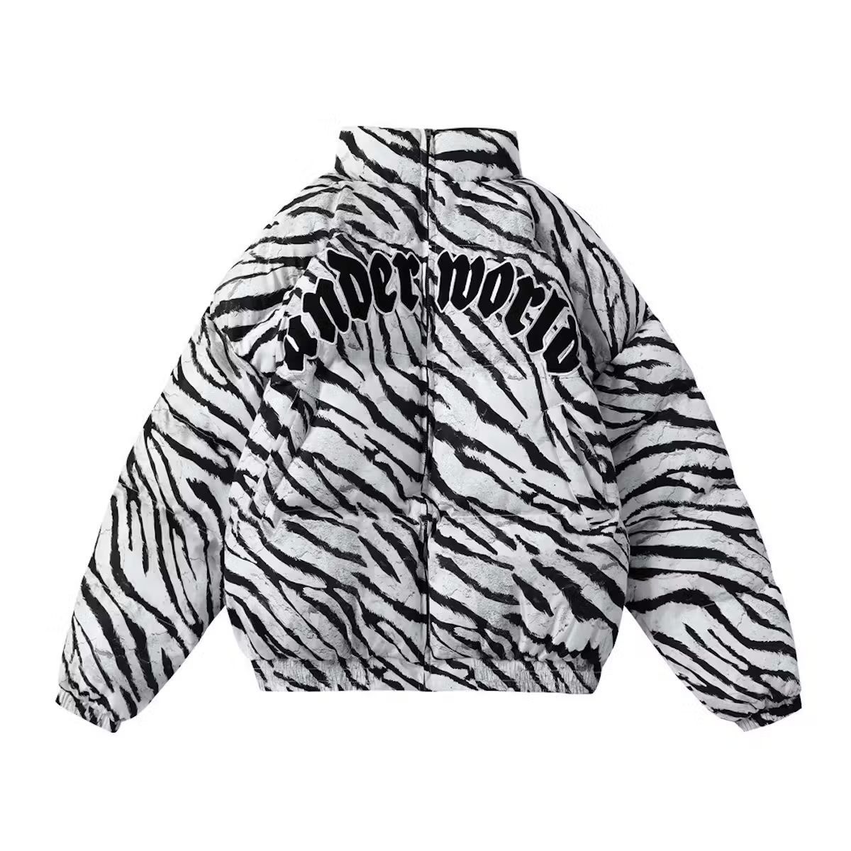 image of Vintage Black Friday Underworld Tiger Striper Puffer Jacket in White, Men's (Size Large)