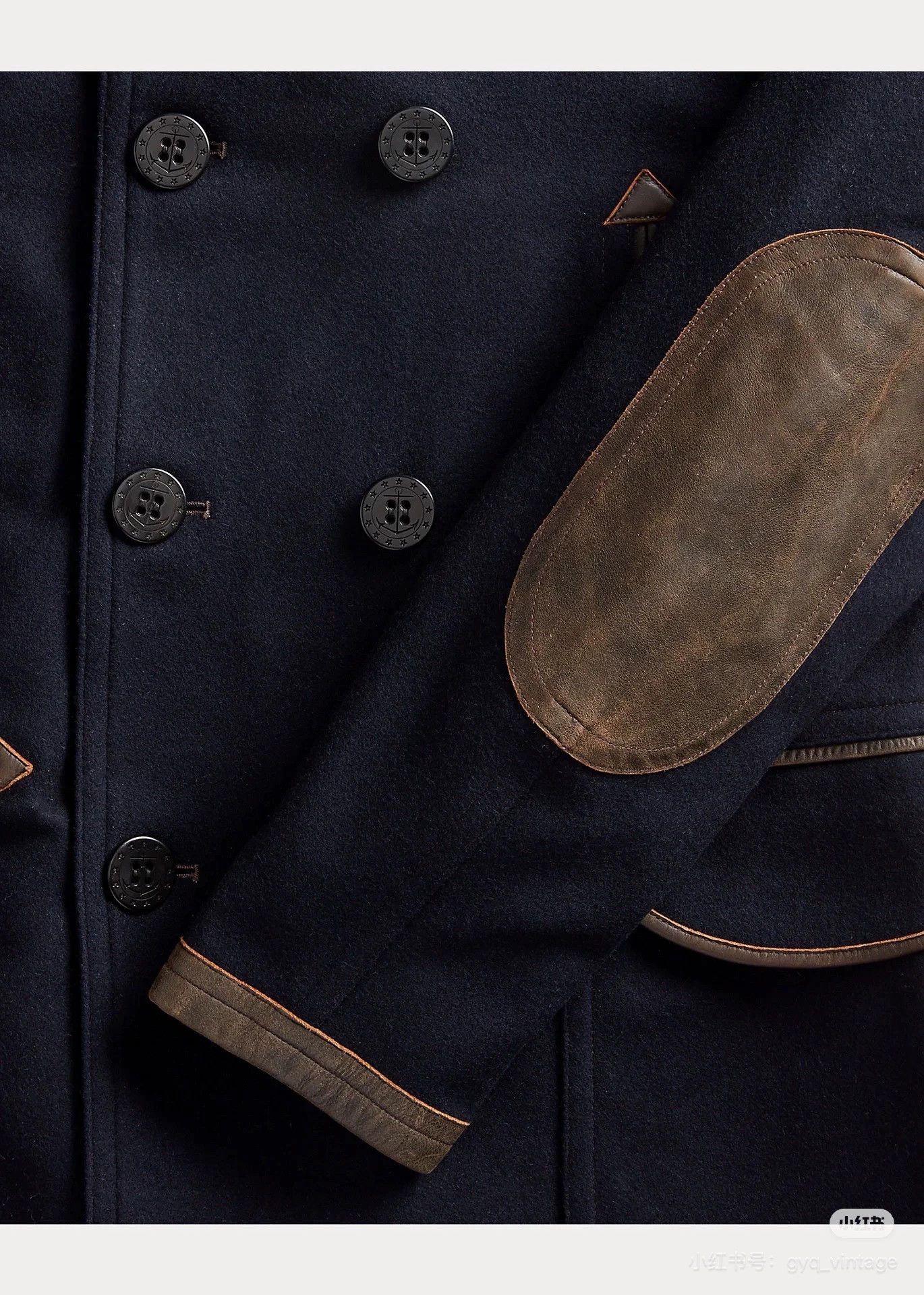 RRL Ralph Lauren RRL Navy Peacoat Distressed Leather Panel Wool-Blend Size US M / EU 48-50 / 2 - 7 Thumbnail