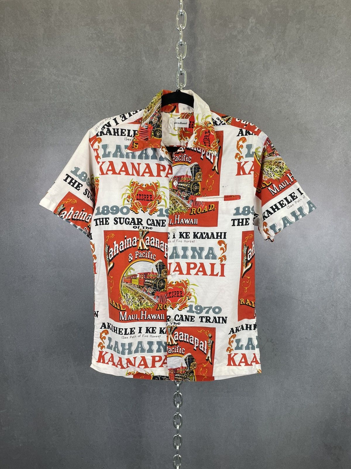 image of Vintage 70's Feed Sack Hawaiian Aloha Shirt Made In Hawaii in Red, Men's (Size Small)