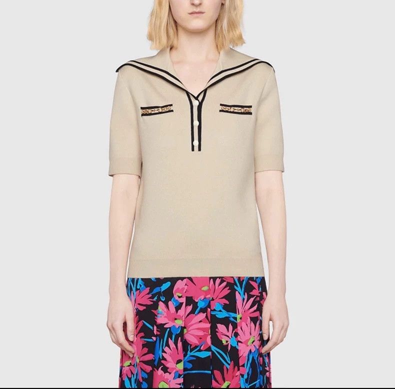 Gucci Gucci Horse buckle striped trim navy collar beige wool swea Size US XS / EU 42 / 0 - 8 Thumbnail