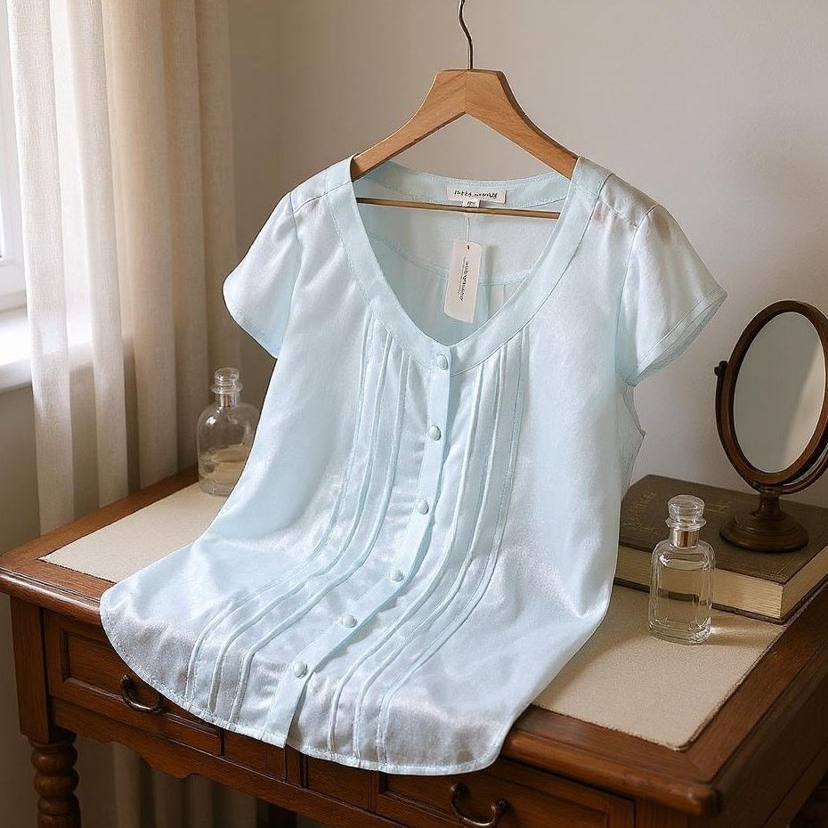 BANANA REPUBLIC Silk Pleated Fringe Blouse Blue Womens XL