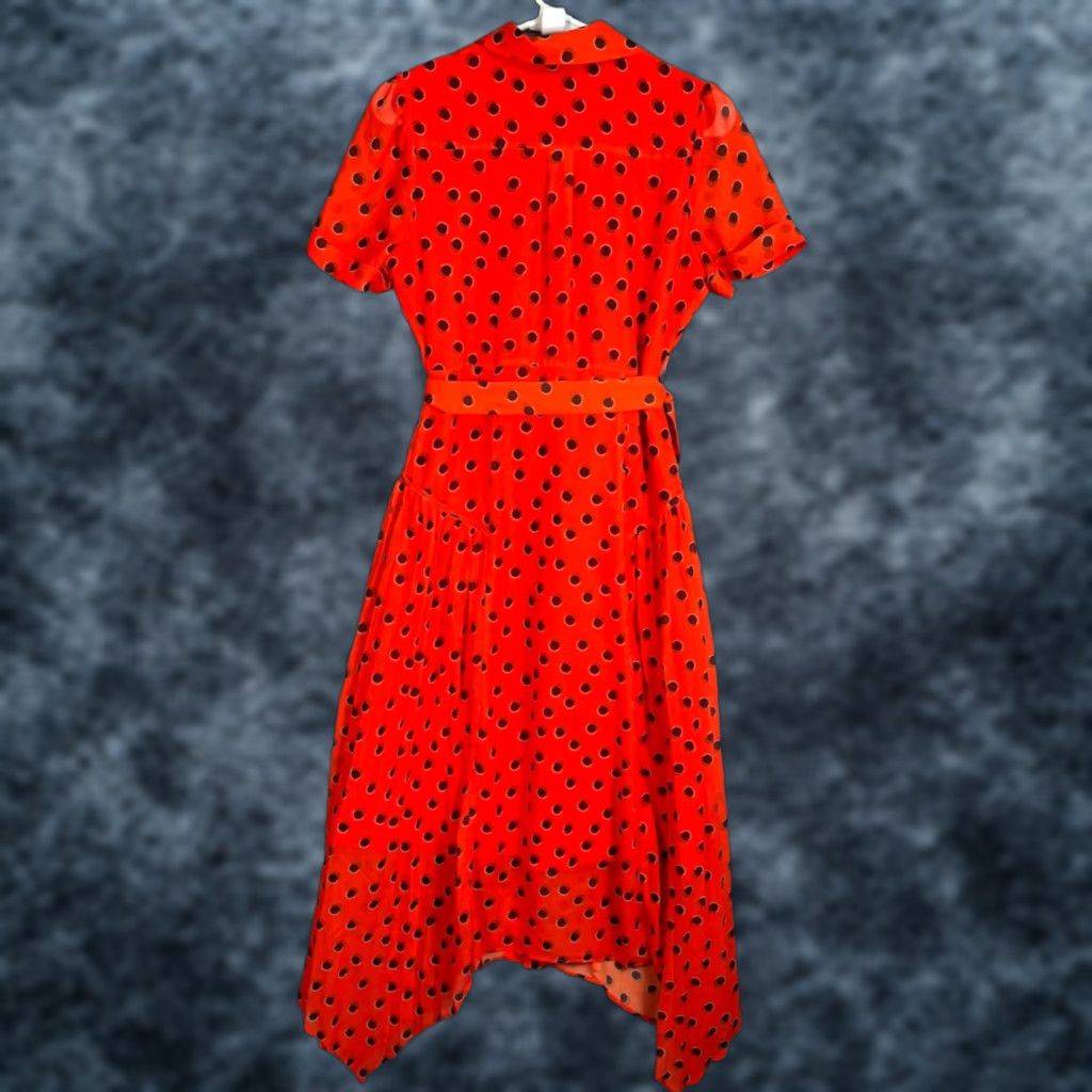 Karen Millen Dress Shirt Dress Red Black Polka Dot Midi Short Sleeve Button  Front 4 Womens