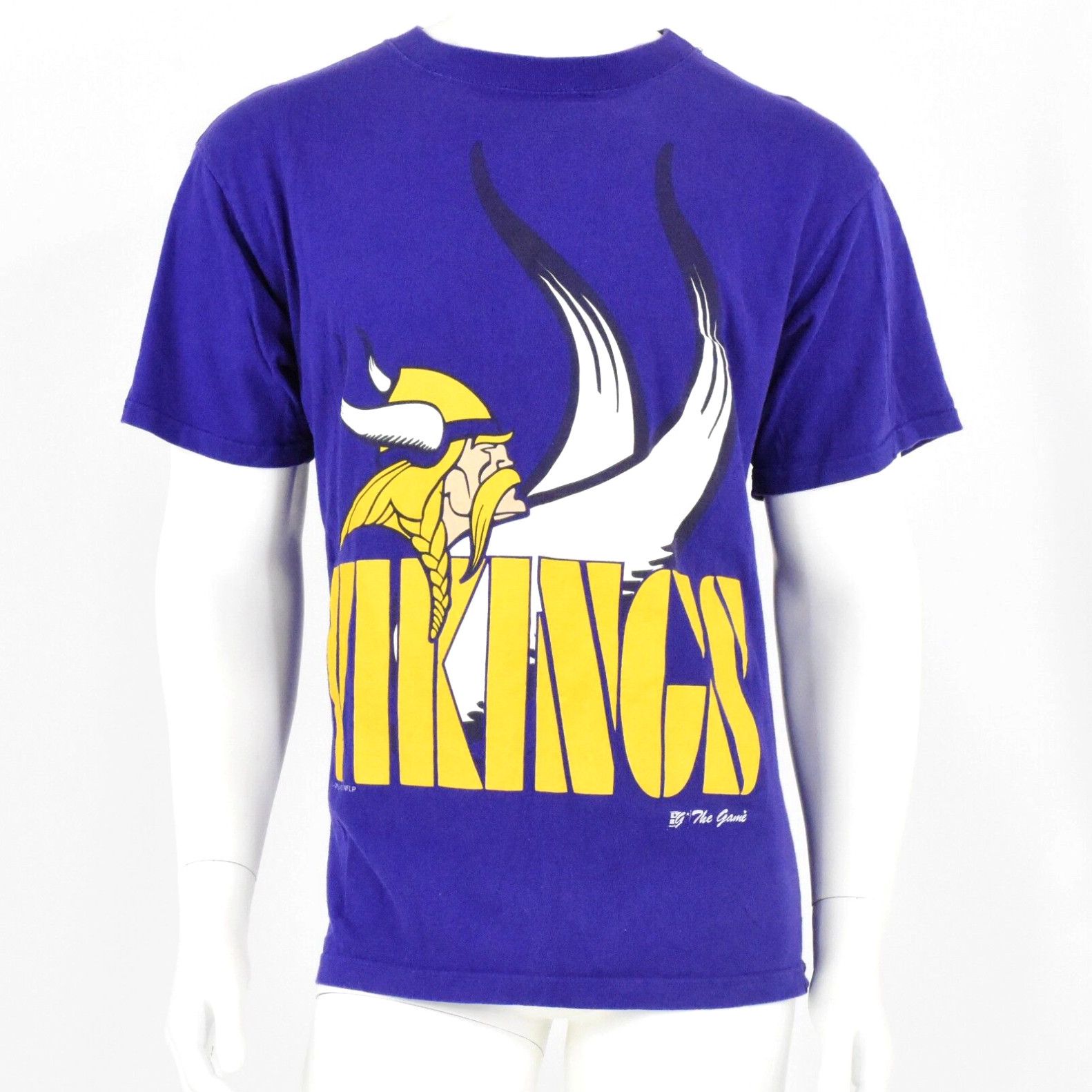 image of 90's Vintage Minnesota Vikings T Shirt By The Game Mens L XL 1993 Vintage Tee in White (Size Large)