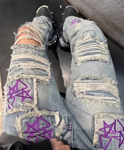VIBE Heavy Star Heart Embroidered Double Patch Washed Jeans Size US 33 - 8 Thumbnail