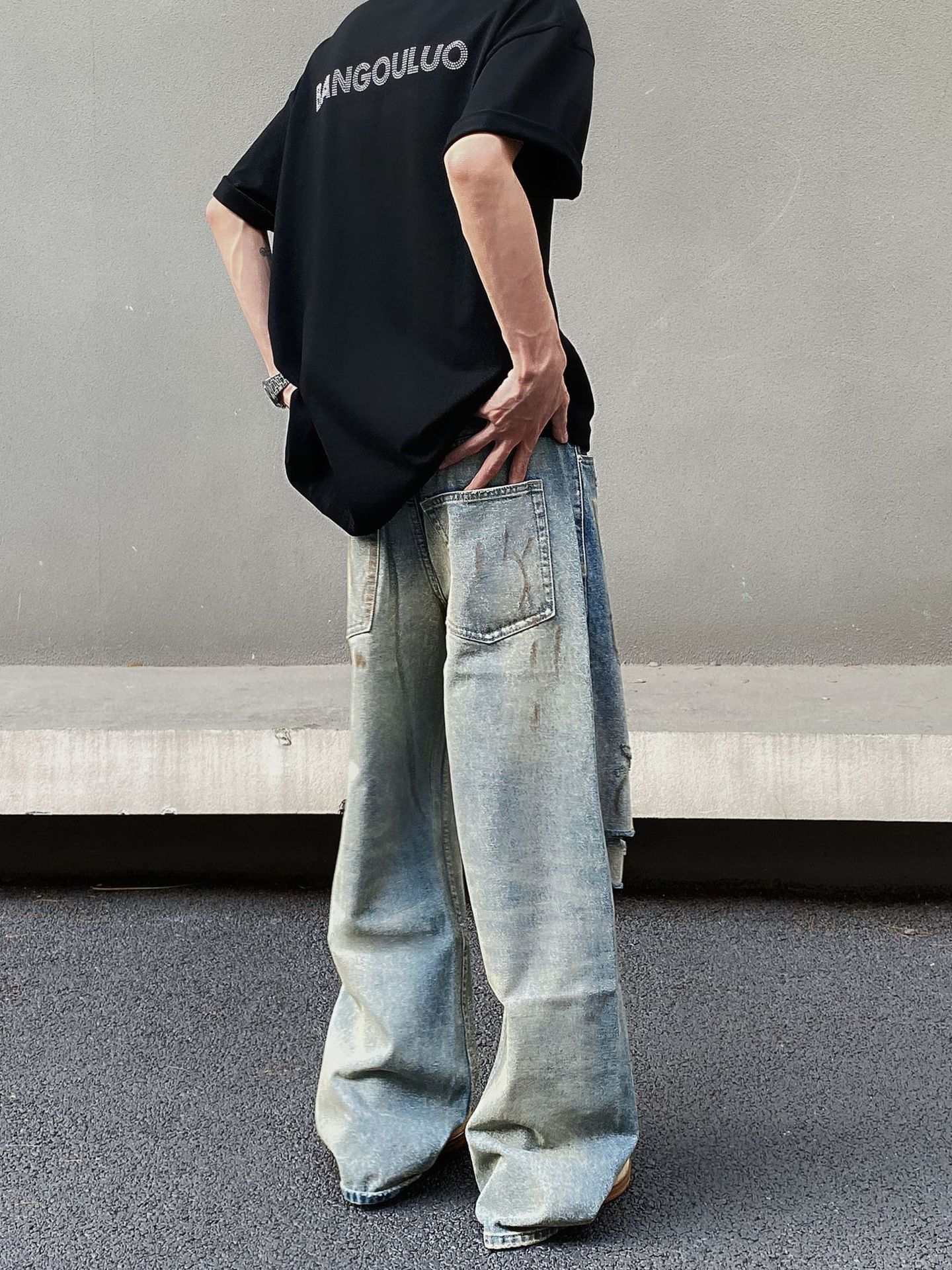 Japanese Brand Men's straight vintage dirty-dyed graffiti ripped jeans Size US 32 / EU 48 - 5 Thumbnail