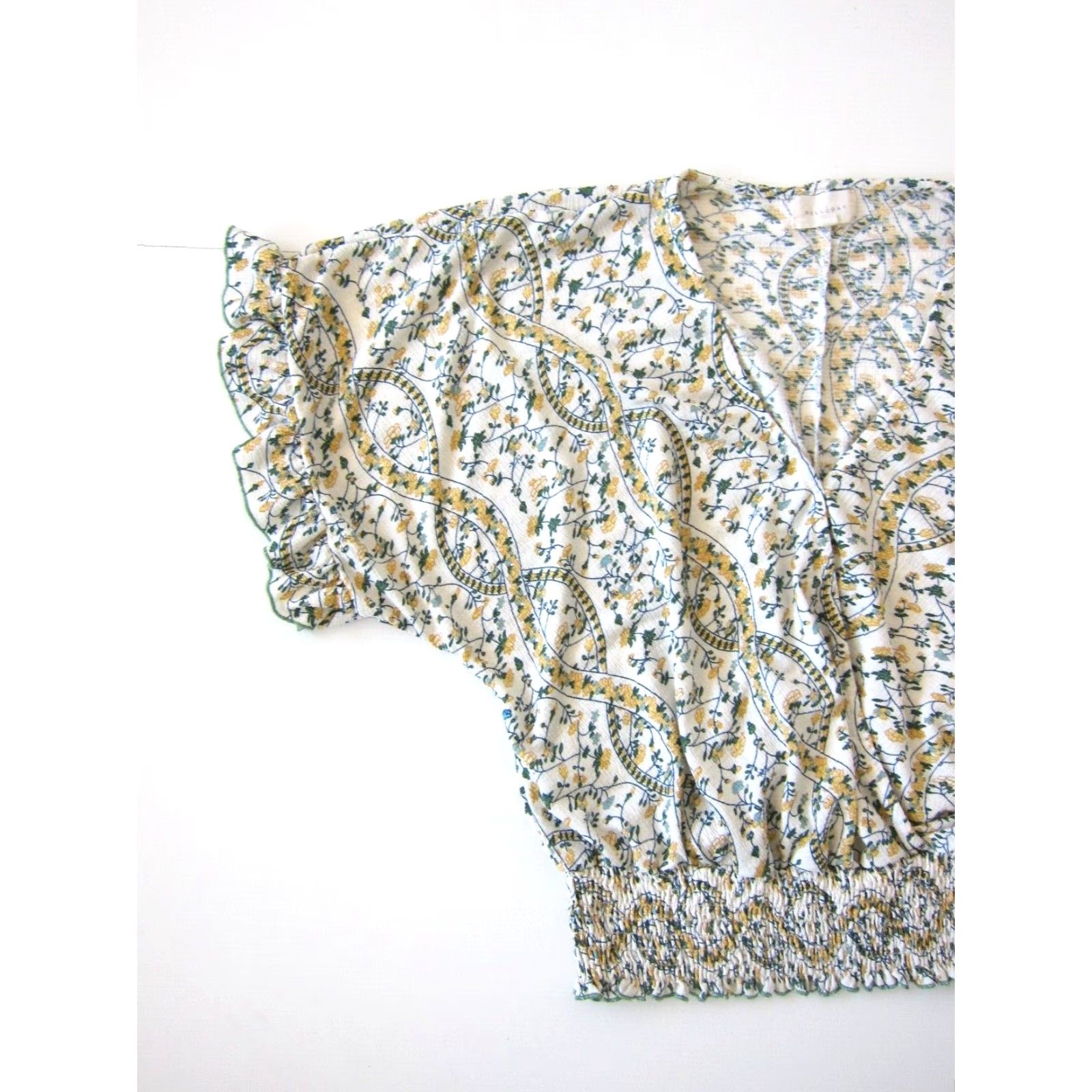 Vintage Melloday Blouse V-Neck Floral Stretch Tunic Peasant Ruffle Sleeve Green Yellow M Women's Shirt Size M / US 6-8 / IT 42-44 - 5 Thumbnail