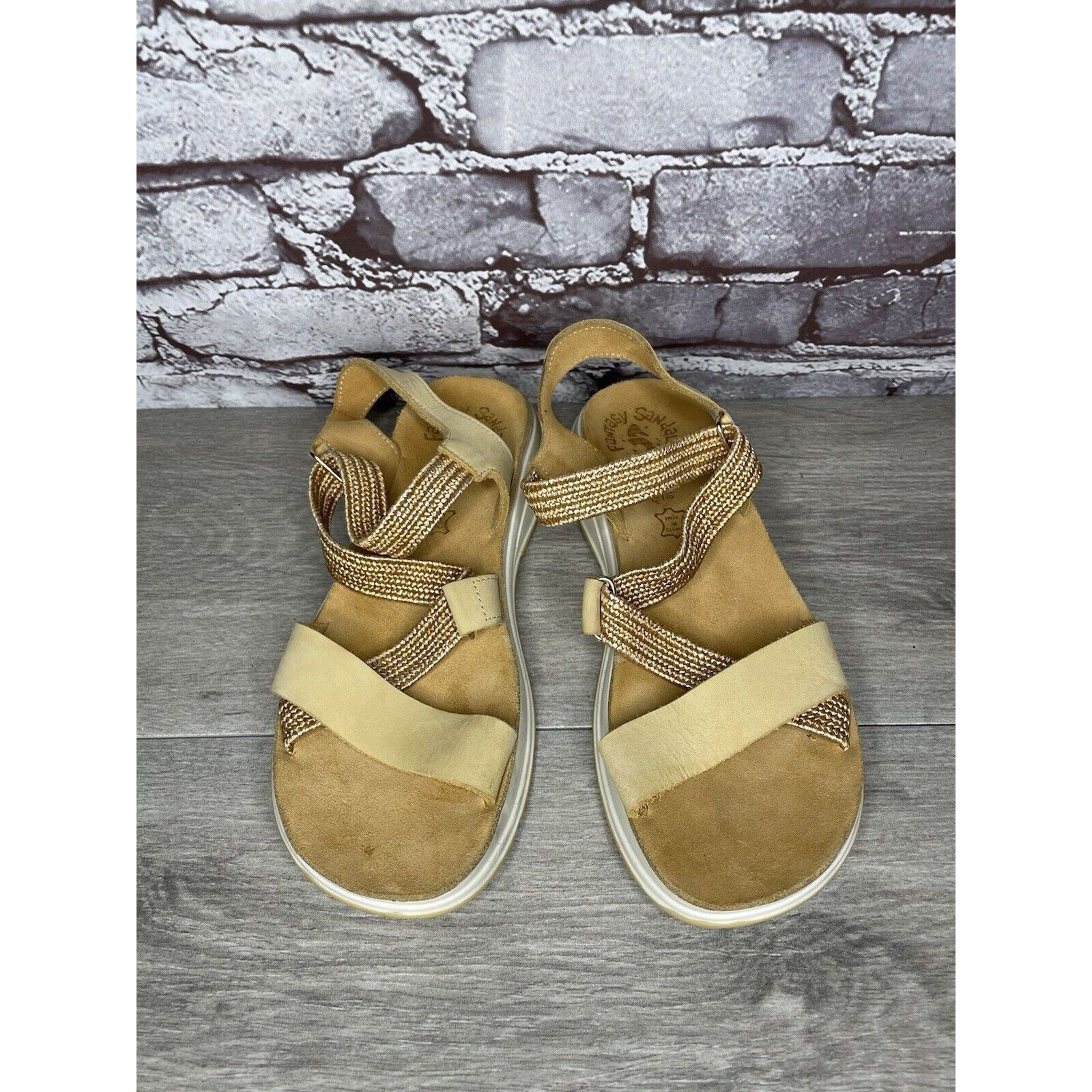 Other Fantasy Sandals Tan Nubuck Fabric Cross Strap Wedge Flex Sol Size US 8.5 / IT 38.5 - 17 Thumbnail