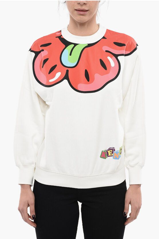 image of Kenzo Crew Neck Boke Flower Fleece Cotton Sweatshirt in White, Women's (Size Medium)