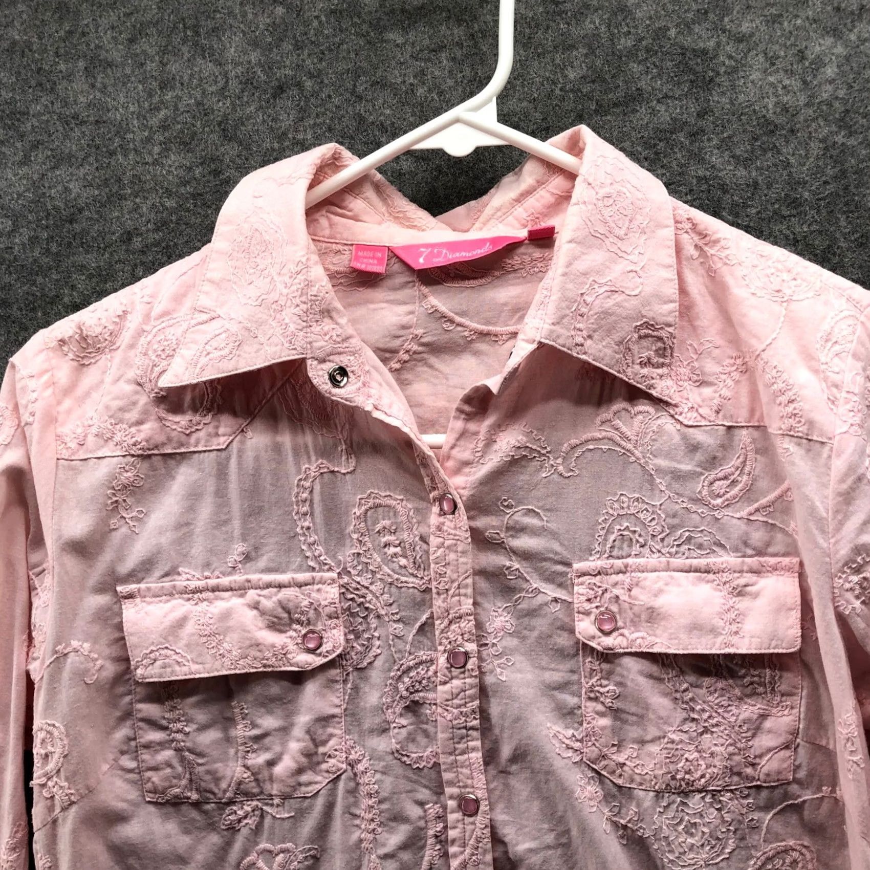Vintage 7 Diamonds Shirt Womens L Pink Western Paisley Embroidered Long Sleeve Cotton Size L / US 10 / IT 46 - 3 Thumbnail