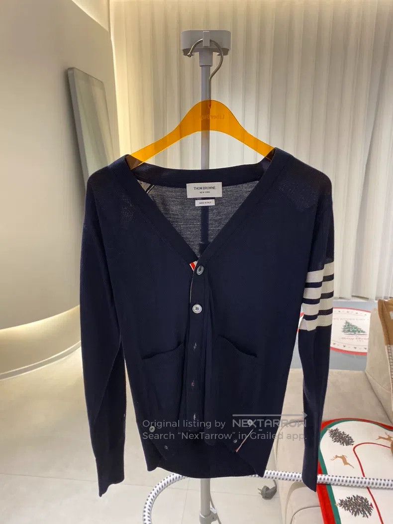 Thom Browne Thom Browne Navy Blue Classic Four Striped Wool Cardigan Size US XS / EU 42 / 0 - 1 Thumbnail