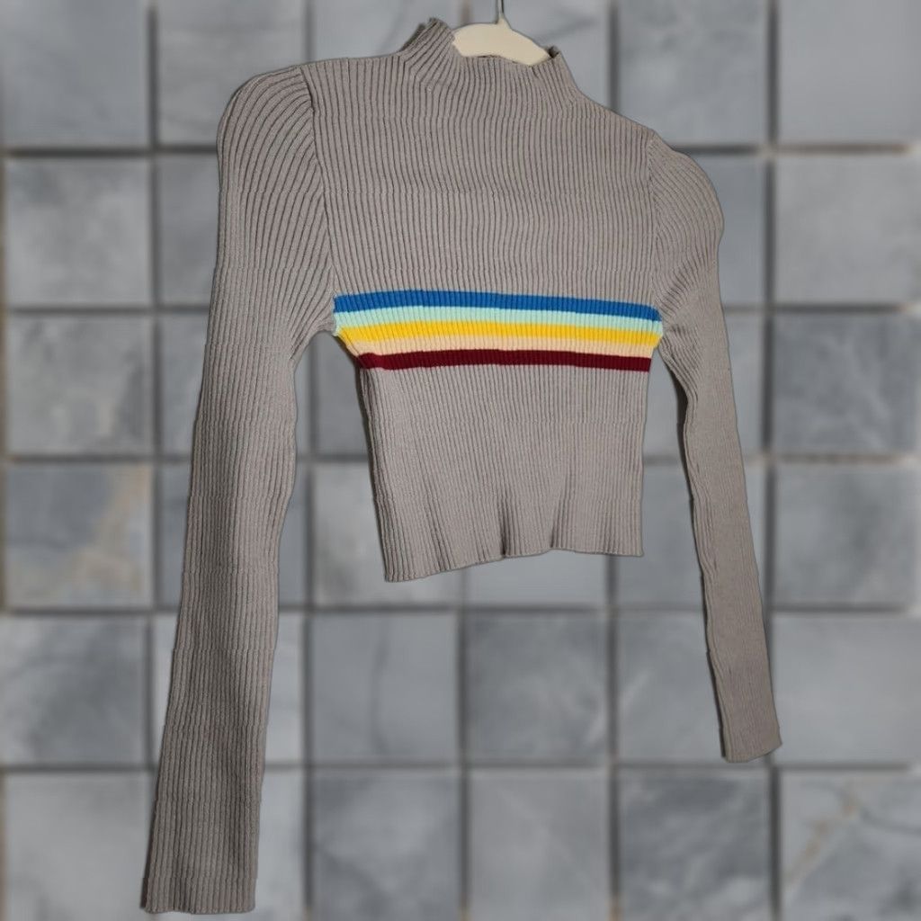 Rainbow VINTAGE Ethos Shirt Womens M Gray y2k Ribbed Cropped Rainbow Mock Neck Long Sleeve Size M / US 6-8 / IT 42-44 - 1 Thumbnail