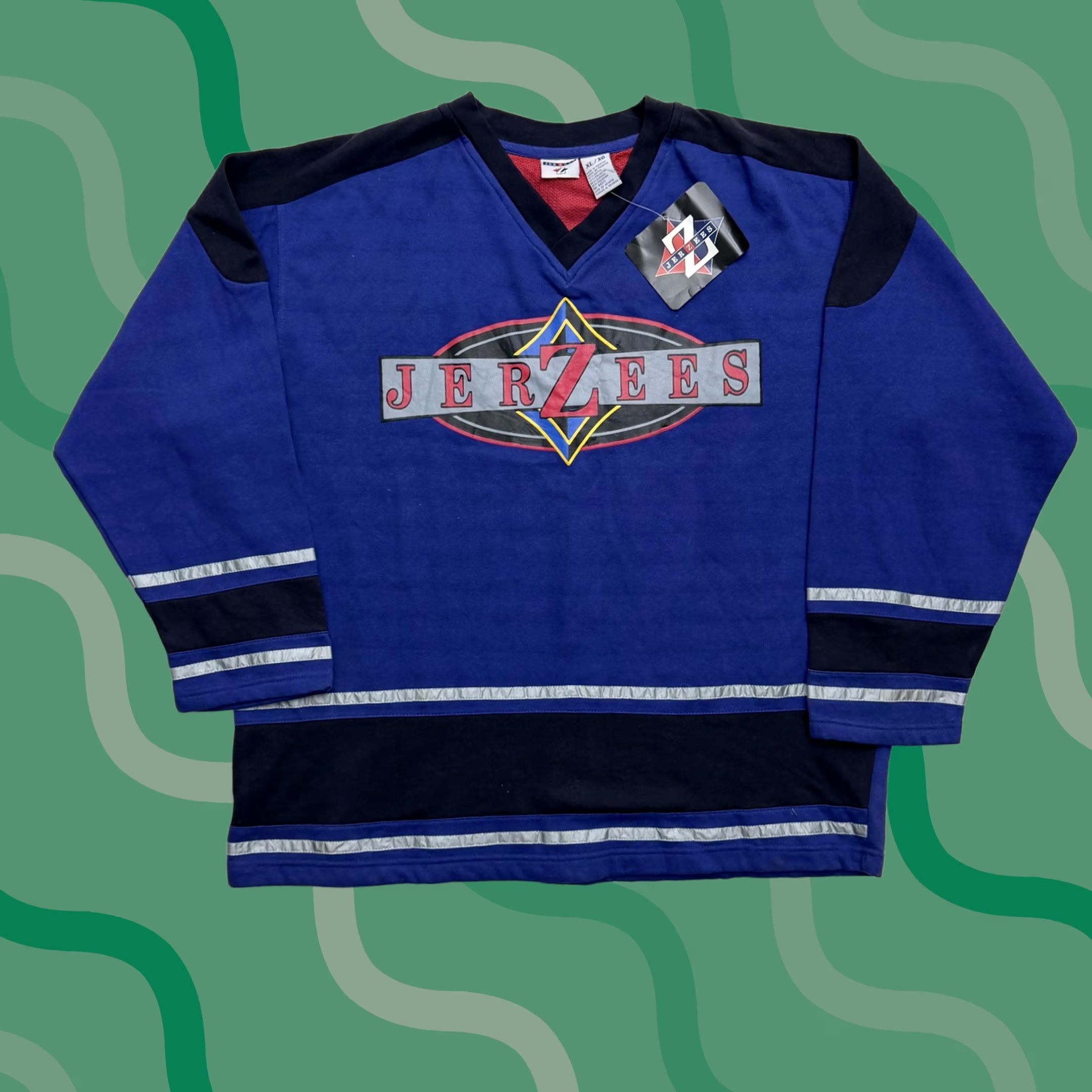 Jerzees VINTAGE Jerzees Shirt Mens XL Blue Long Sleeve V-Neck Hockey Jersey Graphic Logo Size US XL / EU 56 / 4 - 1 Thumbnail