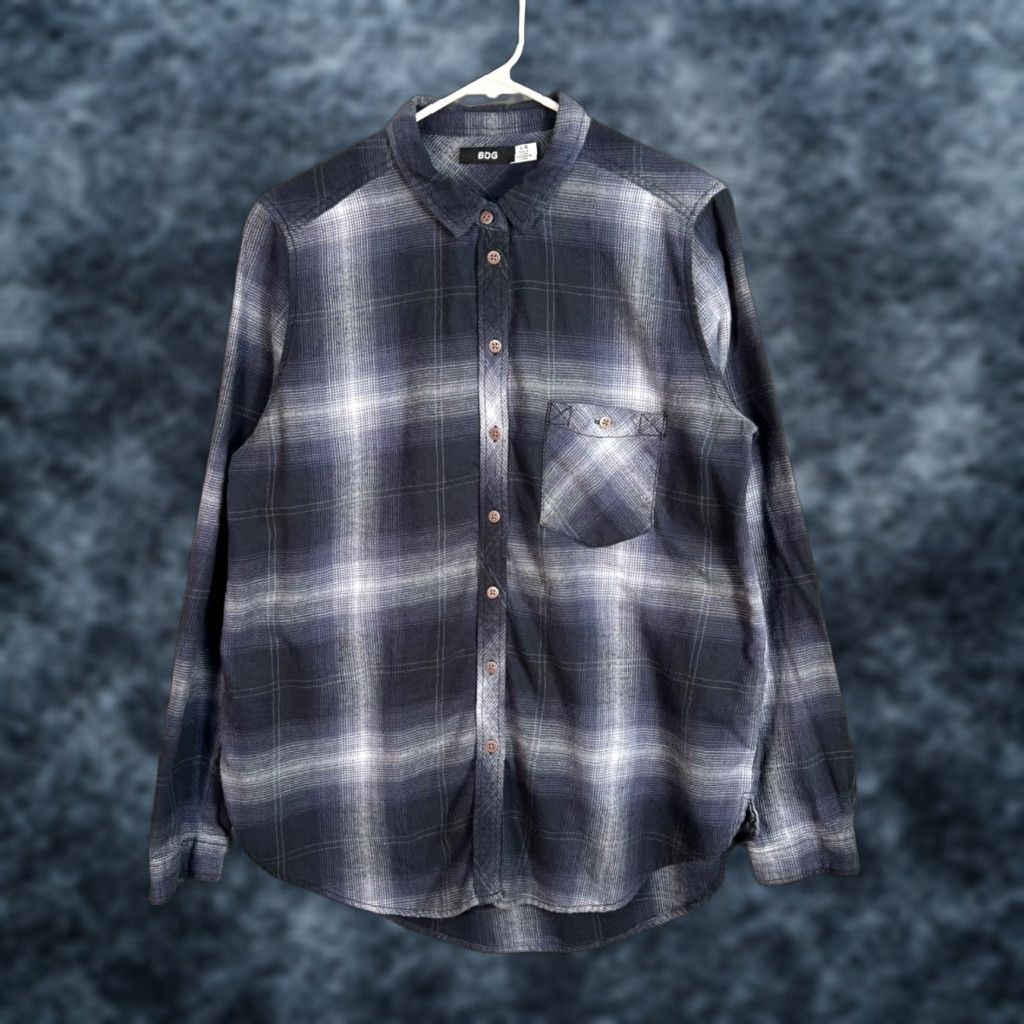 Bdg BDG Plaid Long Sleeve Button-Up Shirt Navy Gray Cotton Womens Large Size L / US 10 / IT 46 - 1 Thumbnail