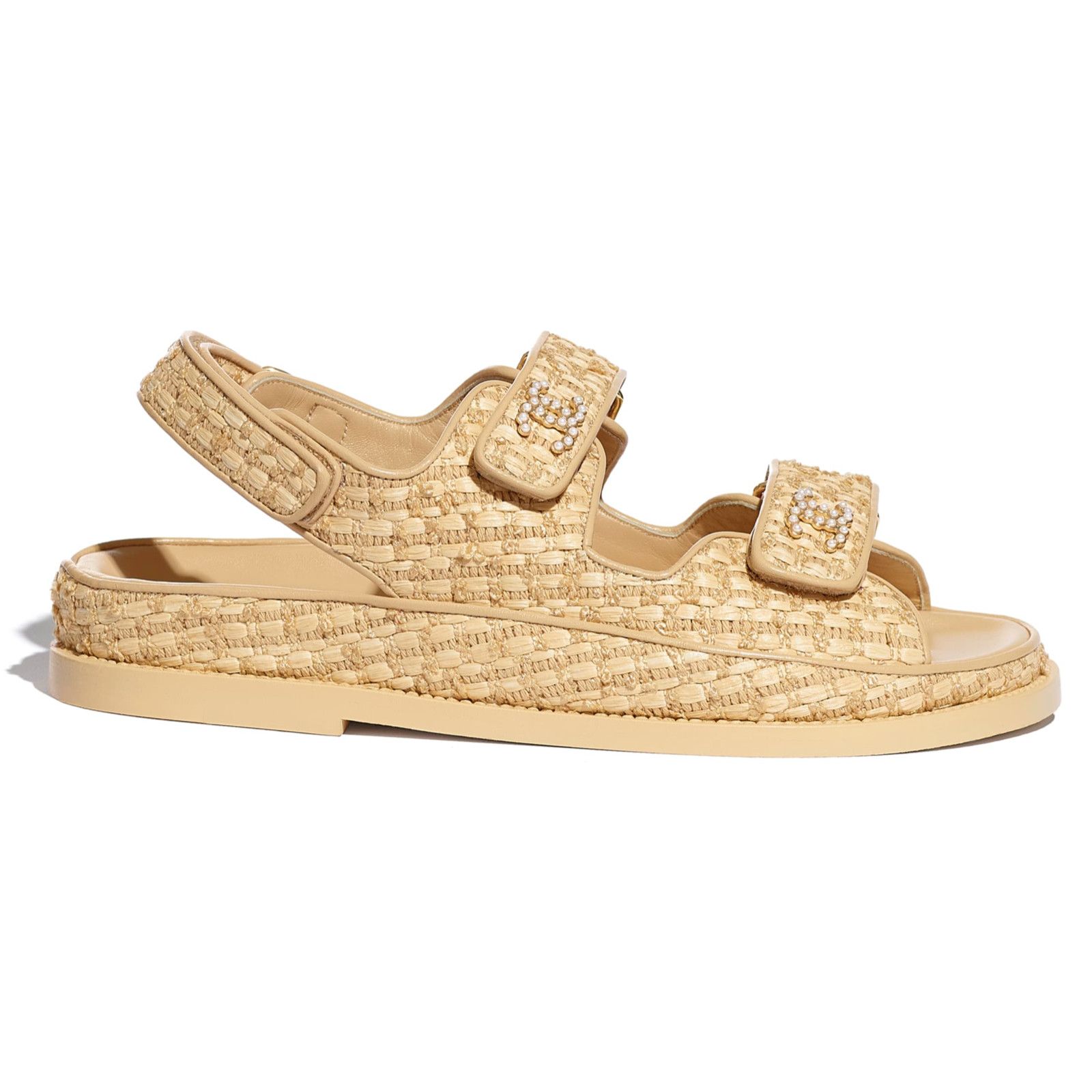Chanel 21C Beige Raffia Pearl CC Logo Mule Slide Sandal 36