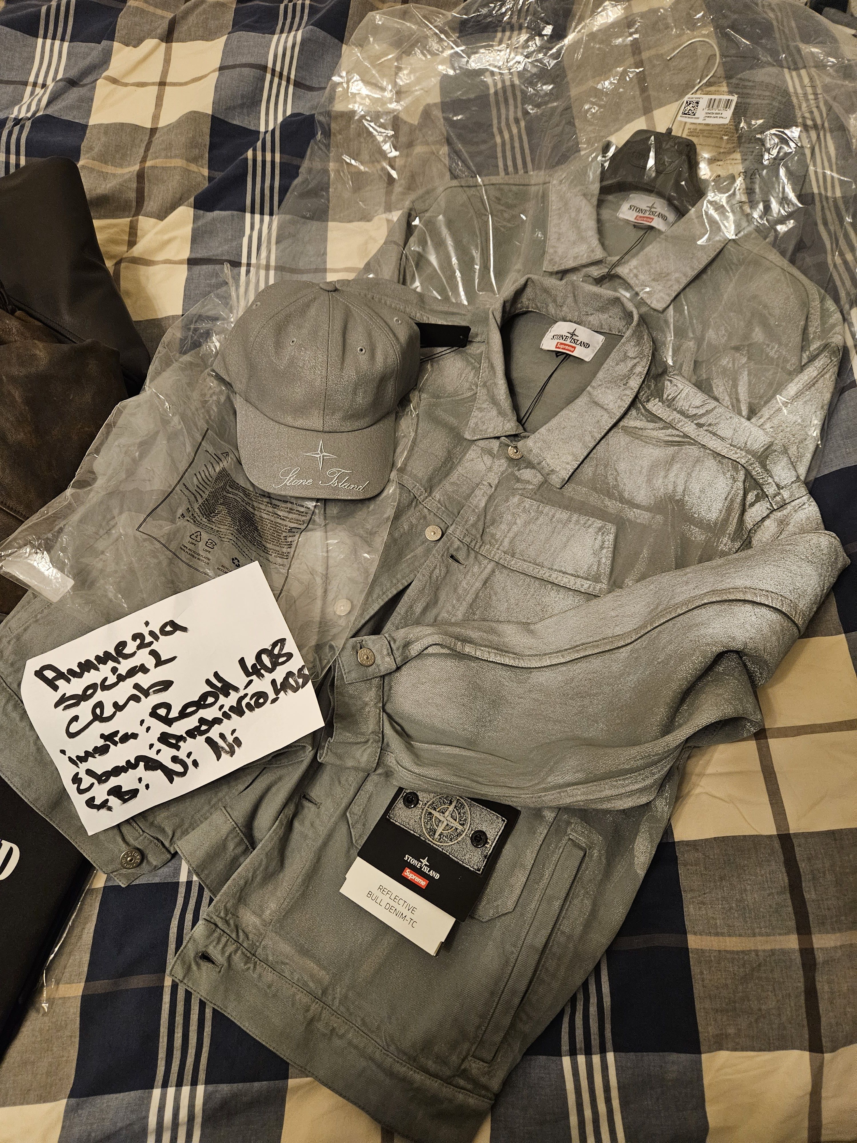 image of Stone Island x Supreme Reflective Bull Denim Jacket in Grey, Men's (Size Medium)