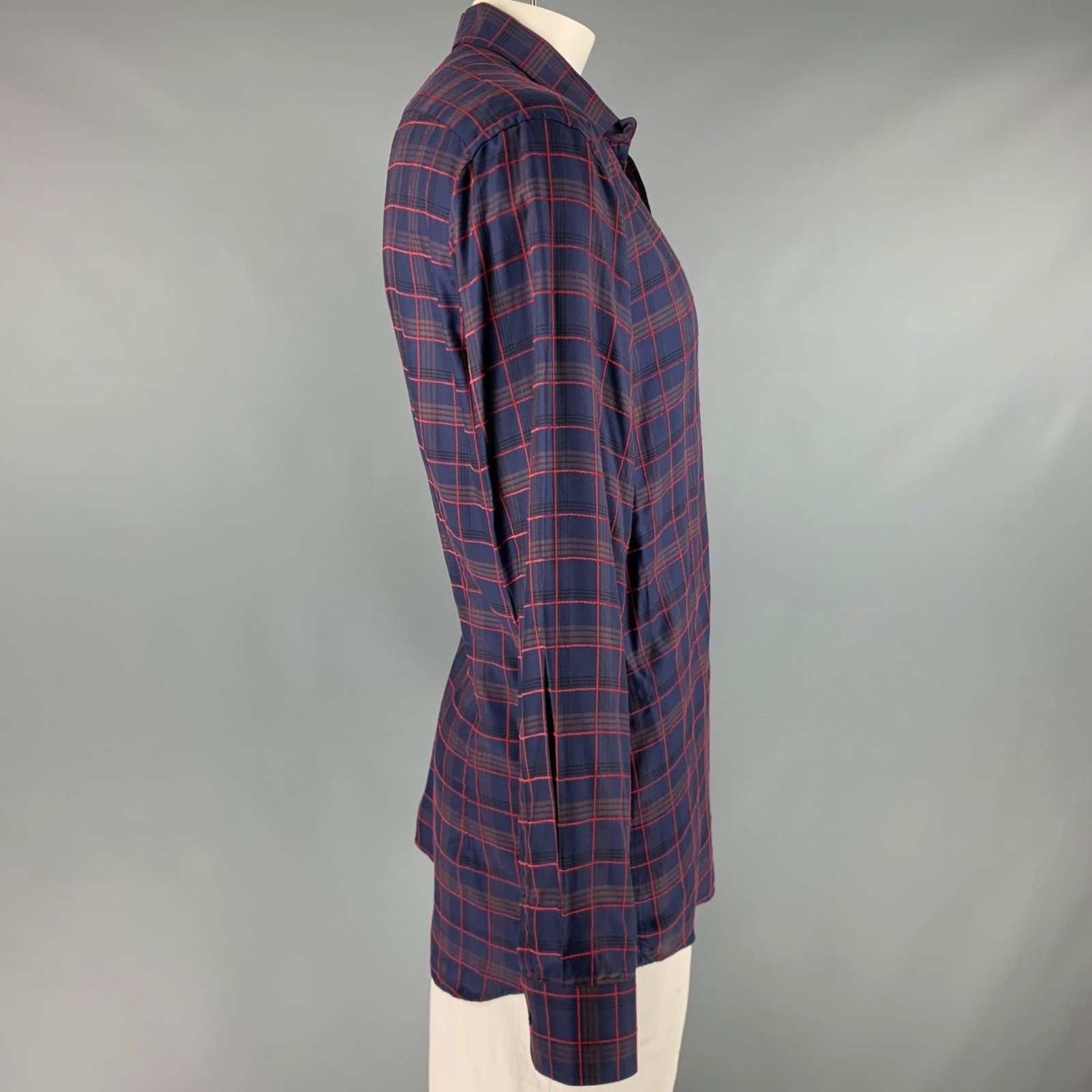 Etro XL Navy Red Plaid Lyocel Cotton Button Up Long Sleeve Shirt Size US XL / EU 56 / 4 - 3 Thumbnail