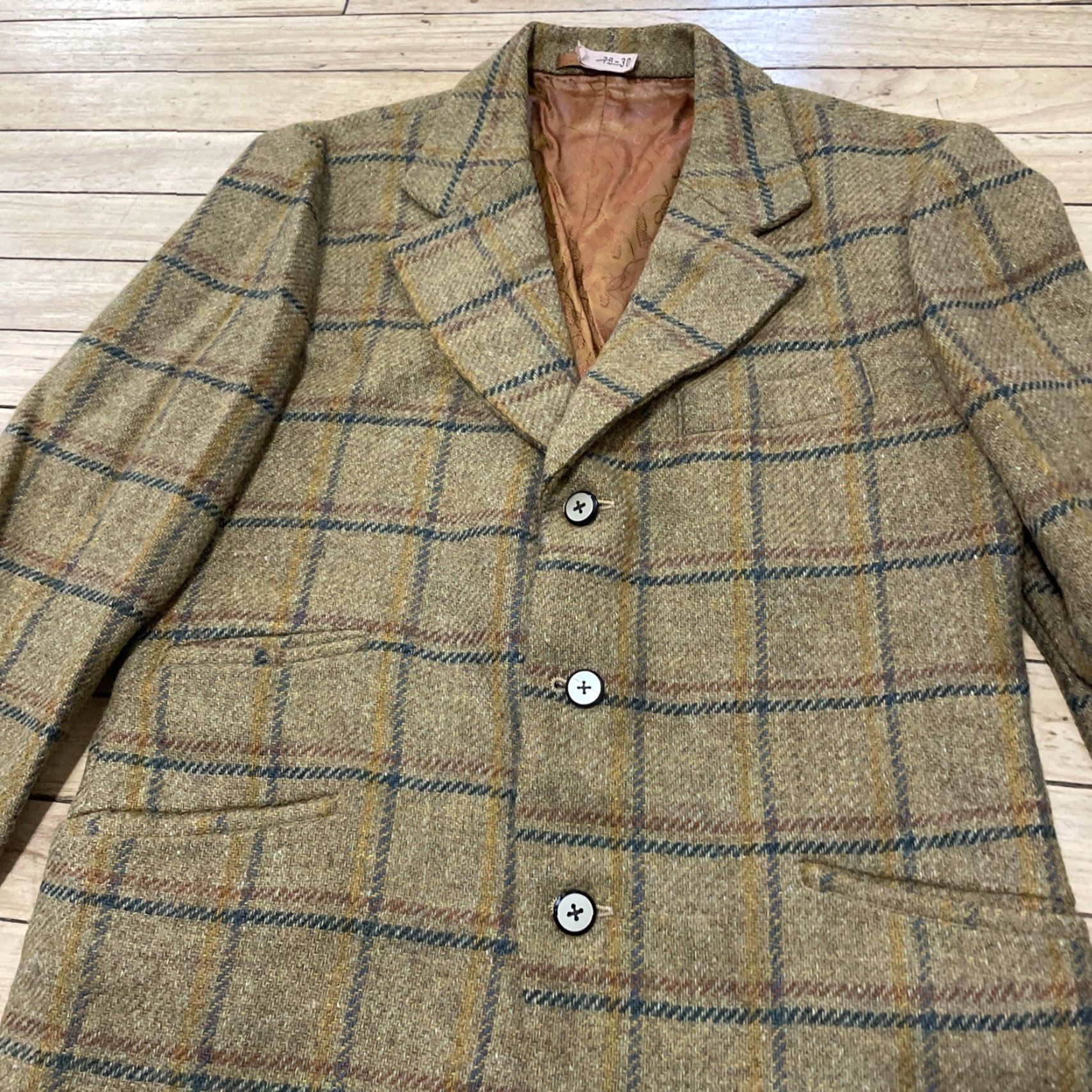 Vintage VINTAGE Hitex Blazer Wool Tweed Plaid Lined 1970s Mustard M Single-Breasted 3-Button notched lapel Unisex Adults Jacket Coat Mens Womens Size 40R - 3 Thumbnail