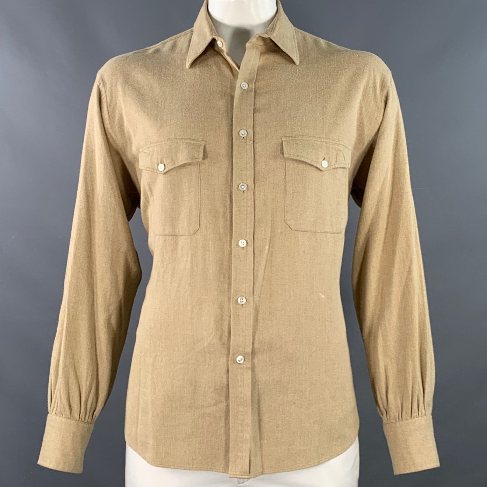 Turnbull & Asser Size XL Beige Herringbone Cotton 2 Pockets Long Sleeve Shirt Size US XL / EU 56 / 4 - 1 Thumbnail