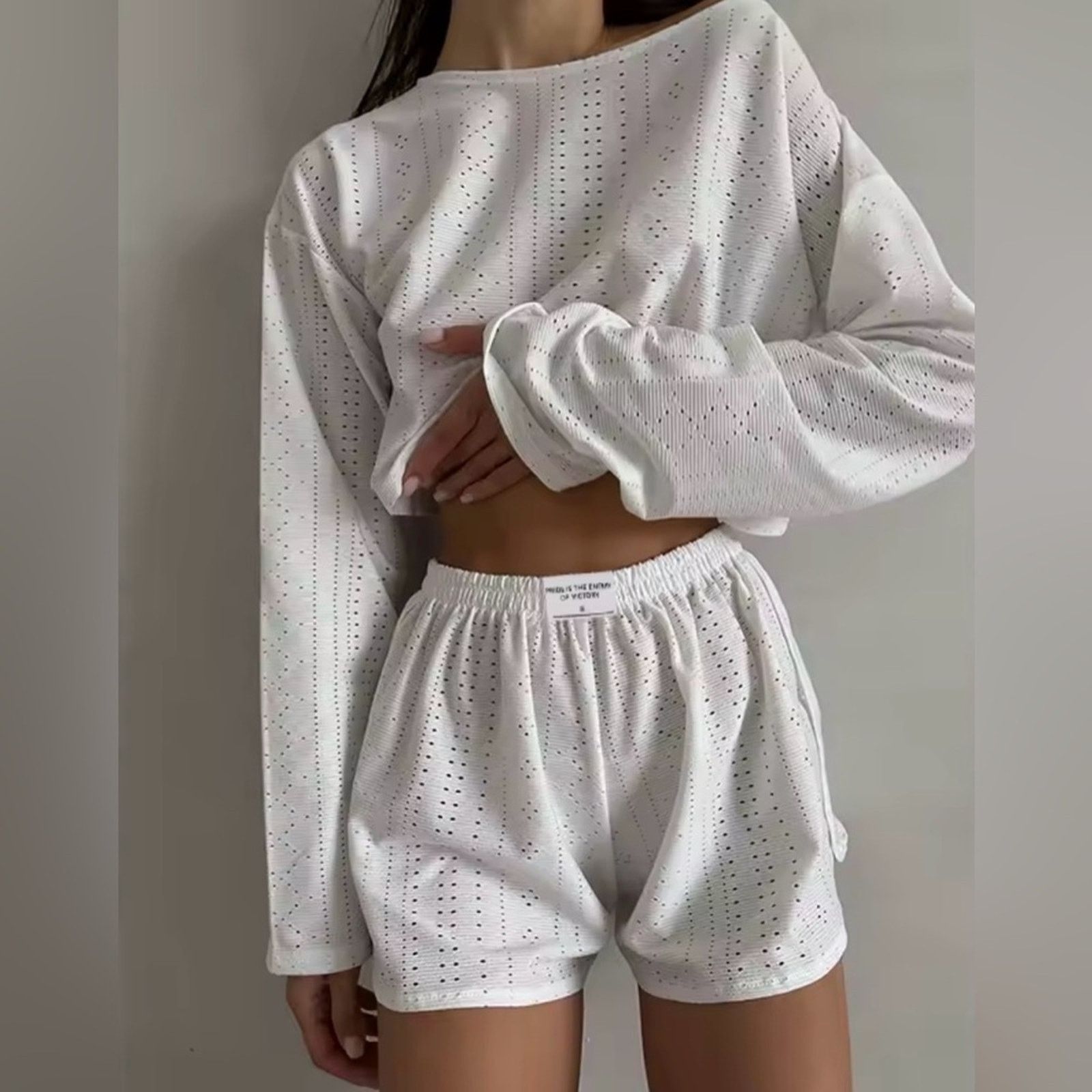 Other New Y2K White Eyelet Long Sleeve and Shorts Set size S/M Size S / US 4 / IT 40 - 1 Thumbnail