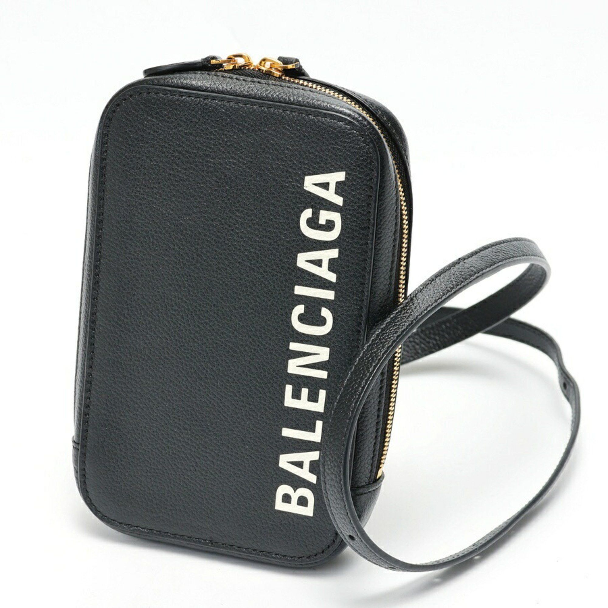 Balenciaga Cache Zip Phone Holder Shoulder Bag 618189 Leather Black S-157821, Women's