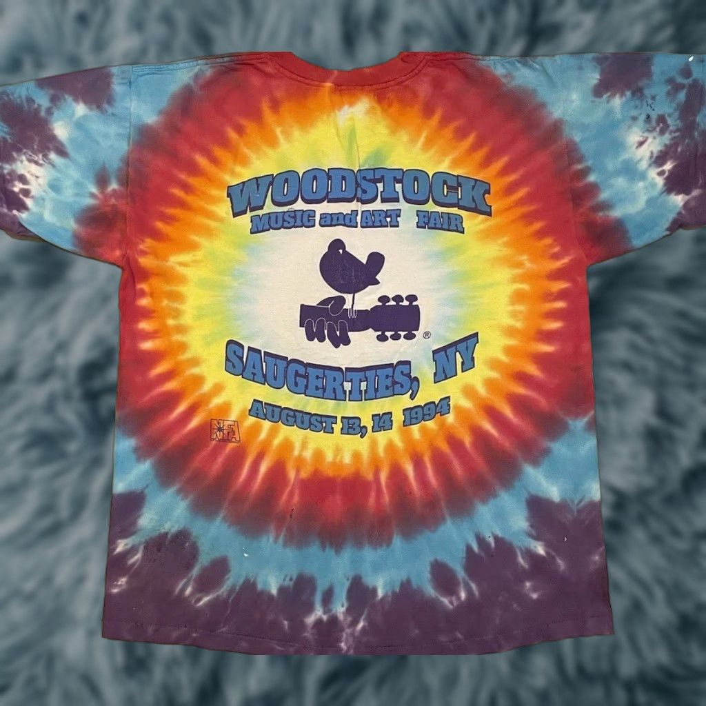 VINTAGE Woodstock 94 Faded Distress Tie Dye Shirt M Concert Hippie Grunge 90s Mens T-Shirt Blue