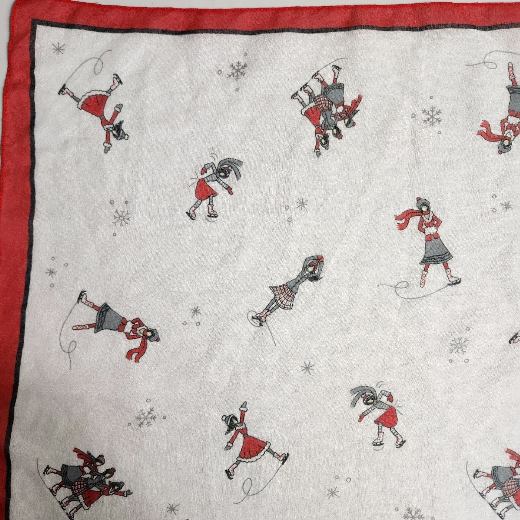 Vintage Winter Scene Iceskating Snowflakes 100% Polyester Square Scarf-20x20" Ivory Red Women Scarf Winter Chiffon Square Size ONE SIZE - 3 Thumbnail