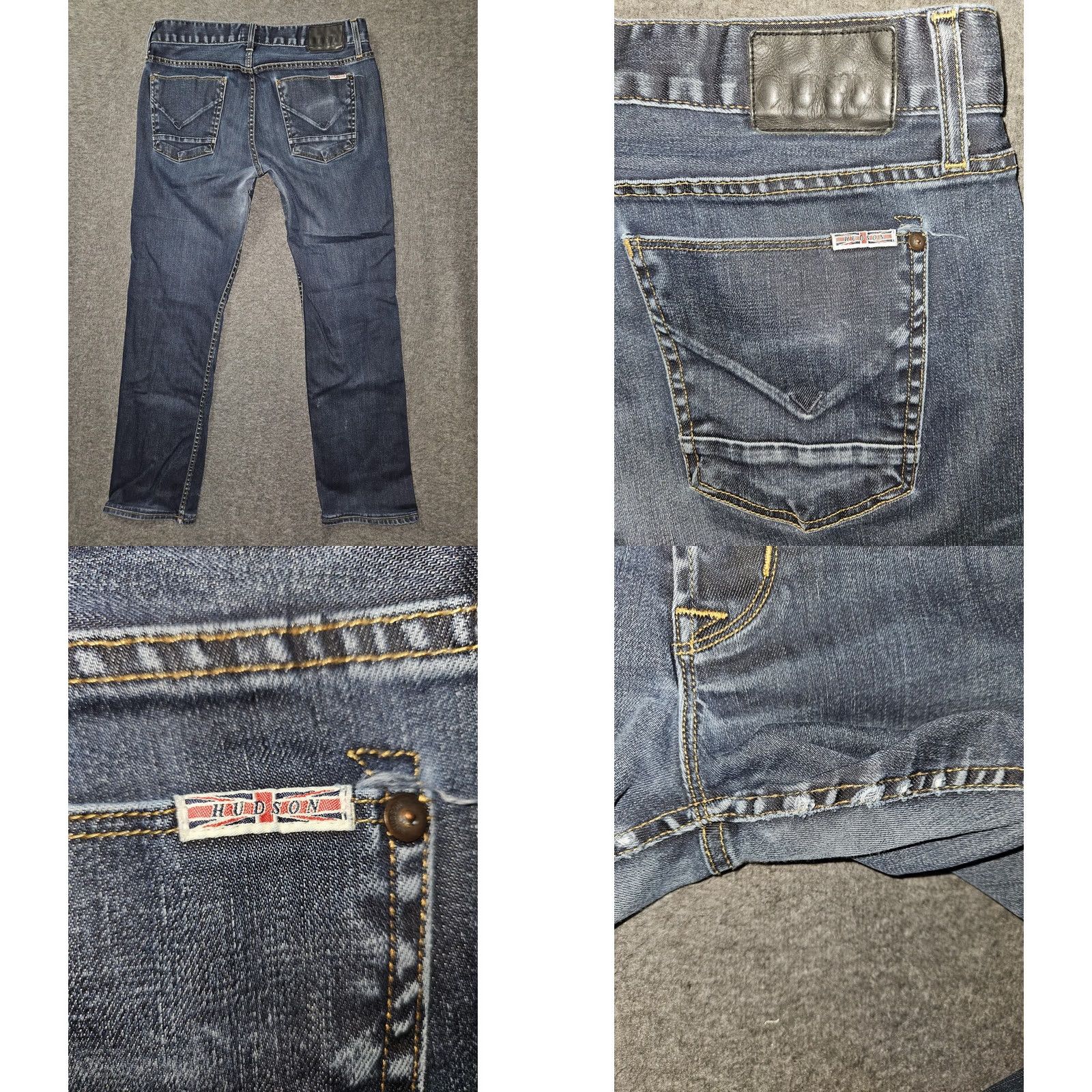 Hudson Hudson Jeans Mens 33 Blue Straight Leg Button Fly Made in USA Dark Wash Denim 98% Cotton 2% Elastan Distressed Logo Back Pocket Flag/Union Jack Size US 33 - 8 Thumbnail