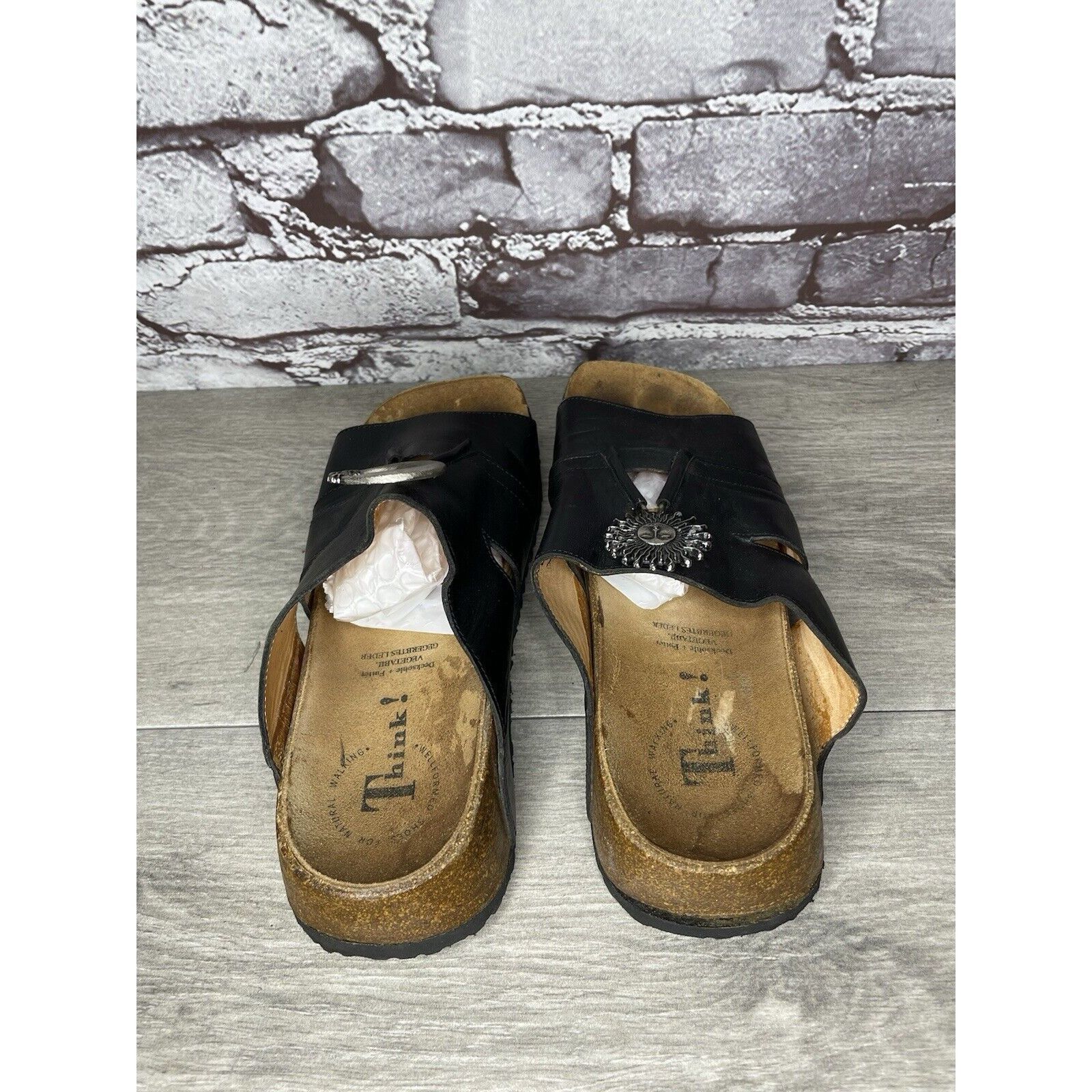 Other Think! Black Leather Cork Sun Moon Silver Wedge Sandals Wome Size US 6.5 / IT 36.5 - 7 Thumbnail