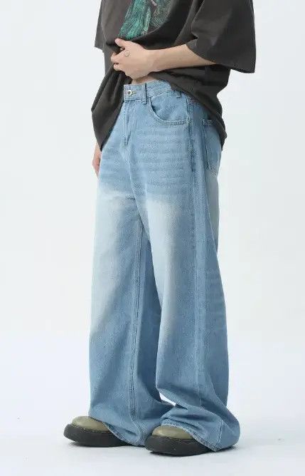 Japanese Brand Simple light blue washed floor-length wide-leg jeans Size US 34 / EU 50 - 3 Thumbnail