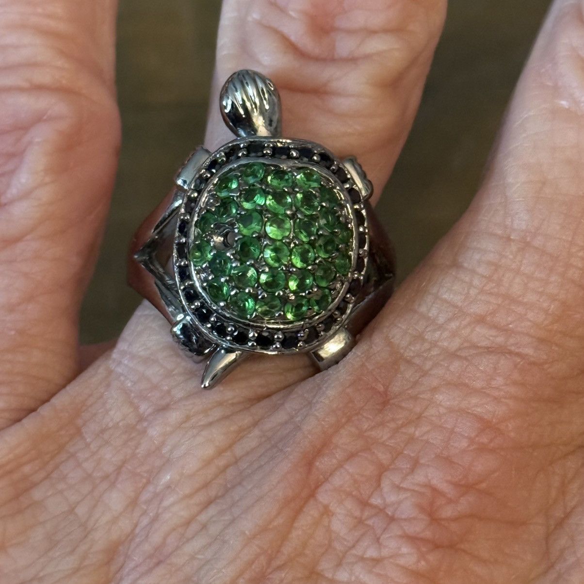 Vintage Vintage silver tone green rhinestone articulated turtle ring Size ONE SIZE - 3 Thumbnail