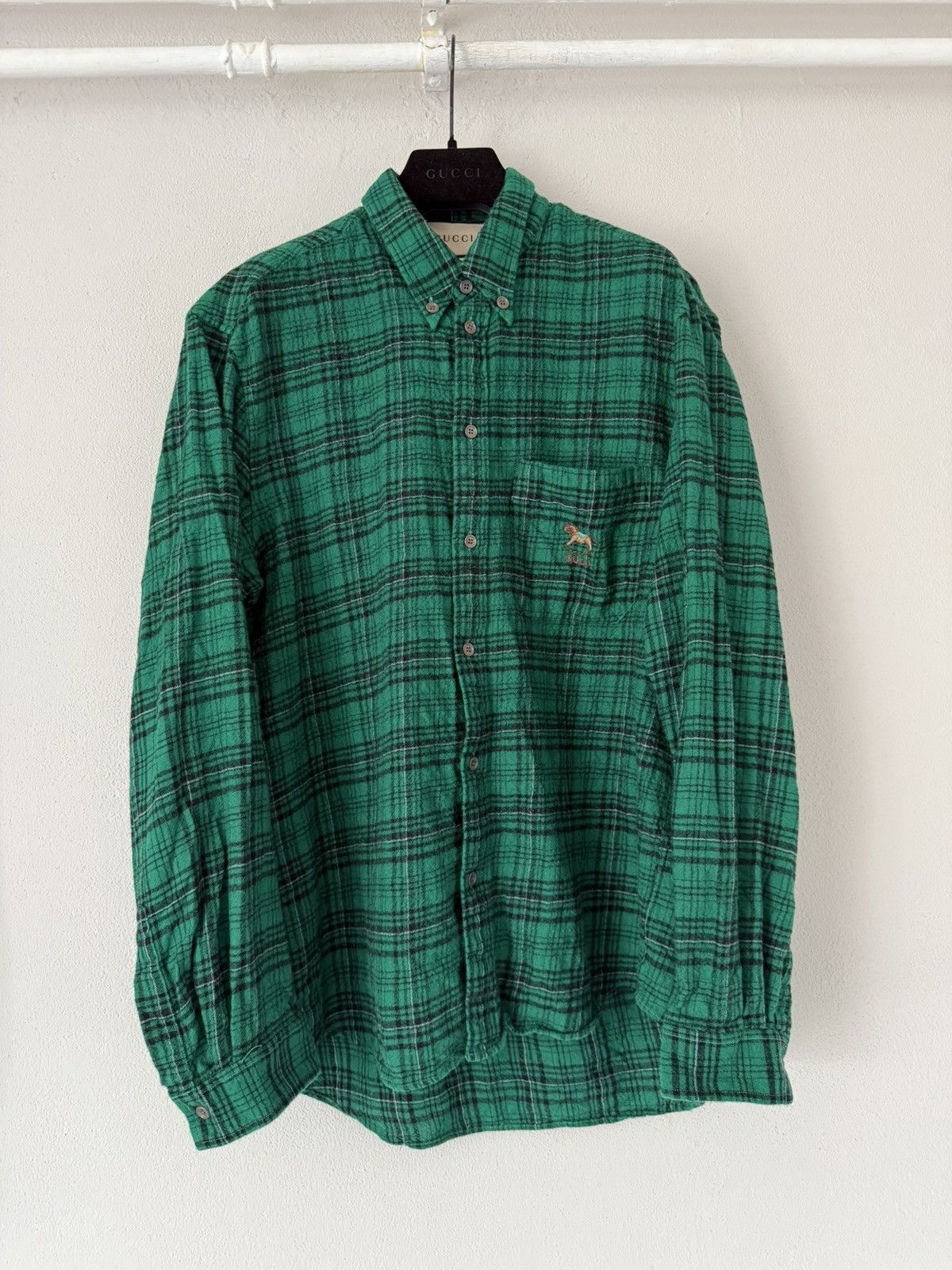 Gucci Green Wool Flannel Shirt with Embroidered Rocking Horse Size US M / EU 48-50 / 2 - 1 Thumbnail