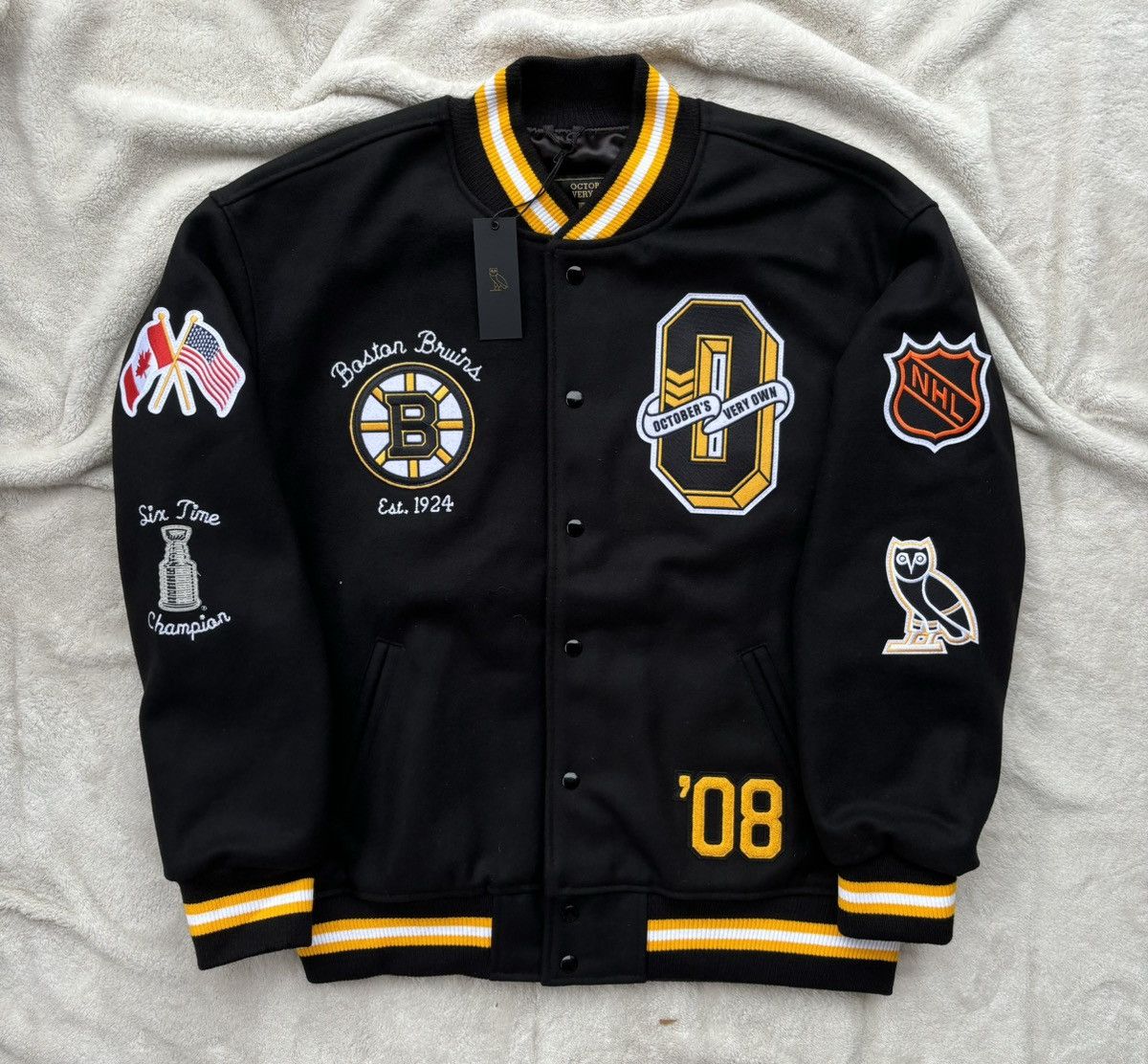 image of Nhl x Octobers Very Own Ovo X Boston Bruins Varsity Jacket in Black, Men's (Size 2XL)