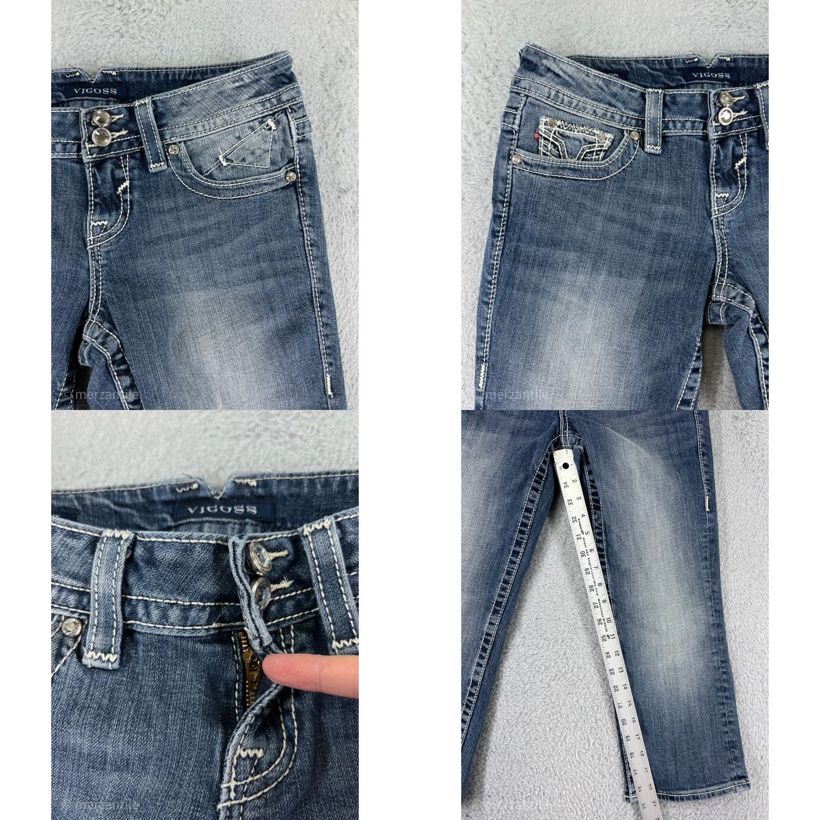 Vintage VIGOSS Womens Capri Pants 3 Blue Denim Low Rise Embroidered Rhinestone Stretch Casual Classic Size 26" / US 2 / IT 38 - 8 Thumbnail