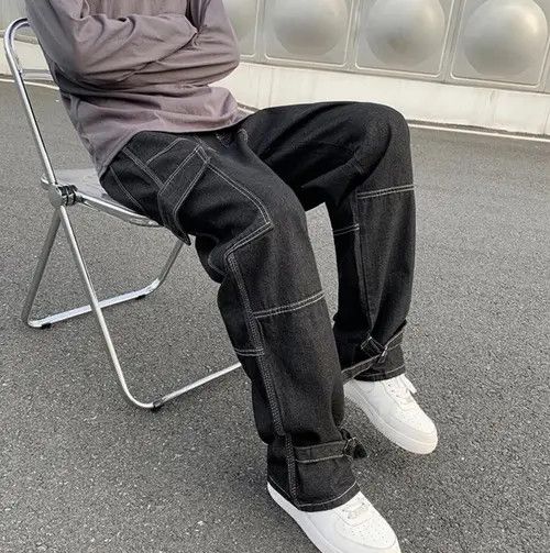 Japanese Brand Black Color Straight Baggy Denim Pants Size US 31 - 1 Thumbnail