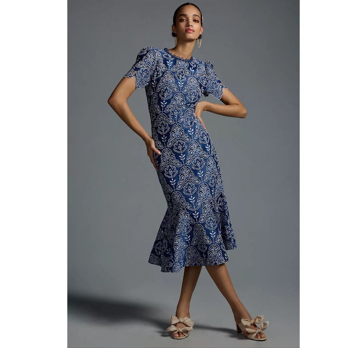 image of New Anthropologie Shoshanna Short-Sleeve Damask Dress $485 in Blue, Women's (Size XL)