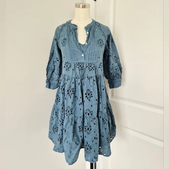Anthropologie dRA Yara Teal 1/2 Button 3/4 Sleeve Eyelet Dress Boho Comfy Size XS / US 0-2 / IT 36-38 - 8 Thumbnail
