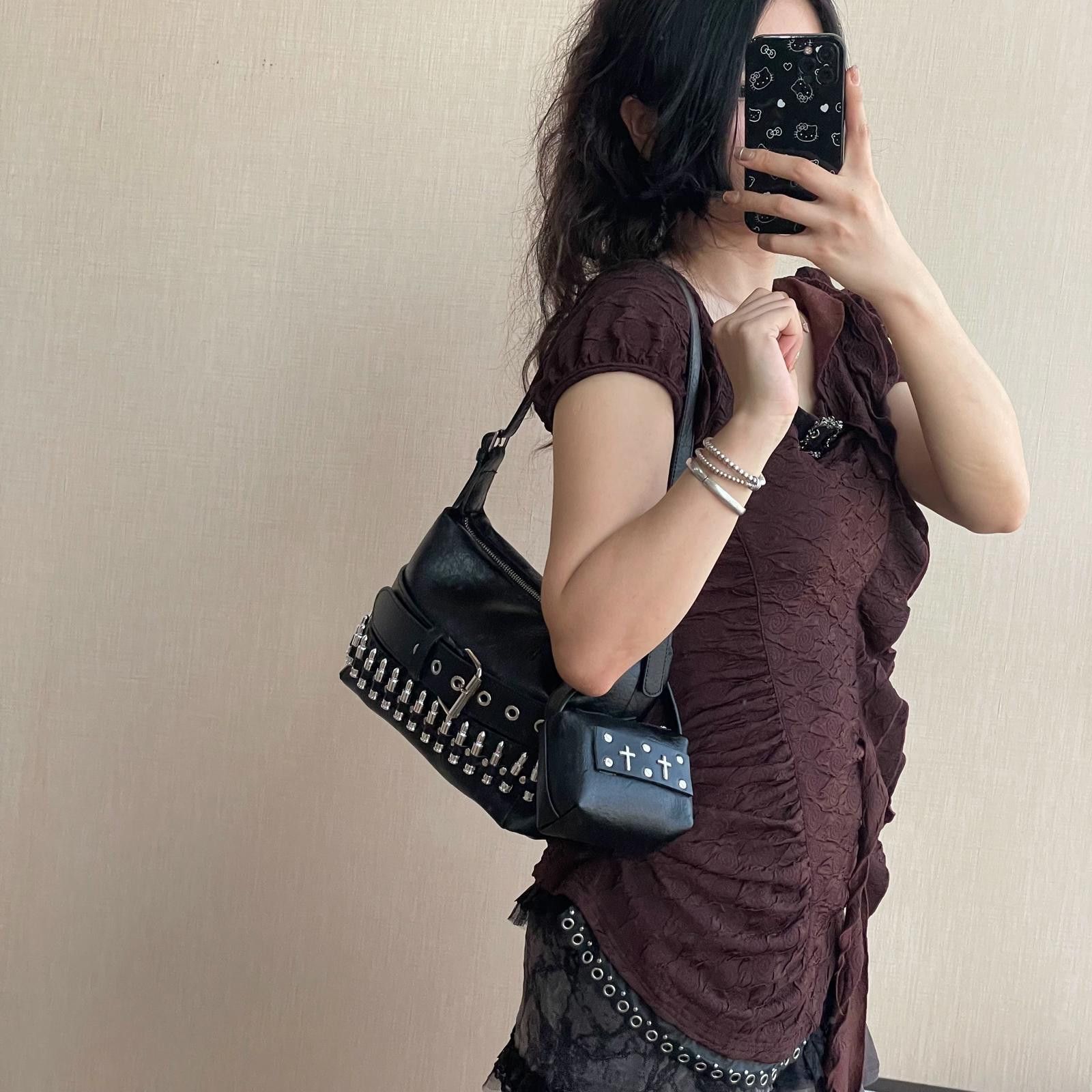 Vintage Black Studded Leather Shoulder Bag with Cross Charm Size ONE SIZE - 4 Thumbnail