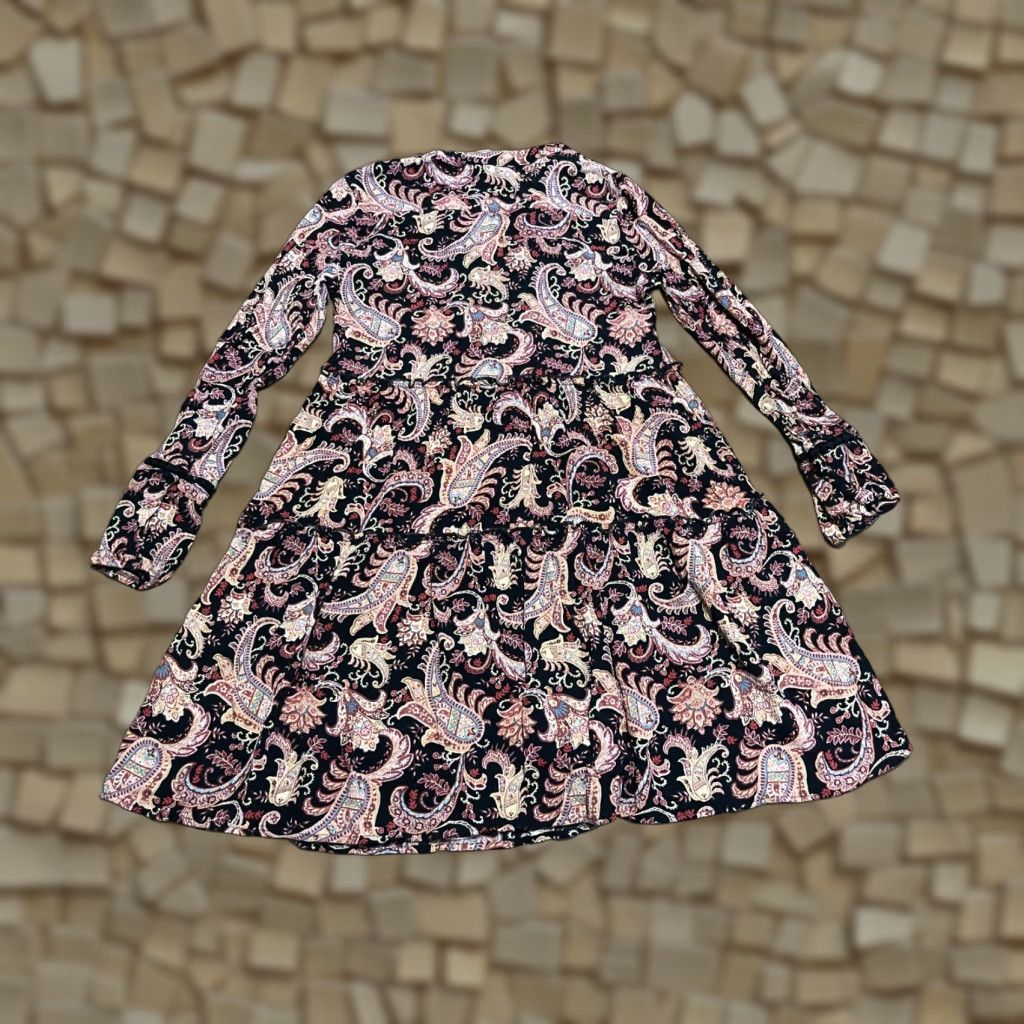 Vintage Knox Rose Dress Womens XS Pink Black Paisley V-Neck Long Sleeve A-Line Knee Length Size XS / US 0-2 / IT 36-38 - 1 Thumbnail