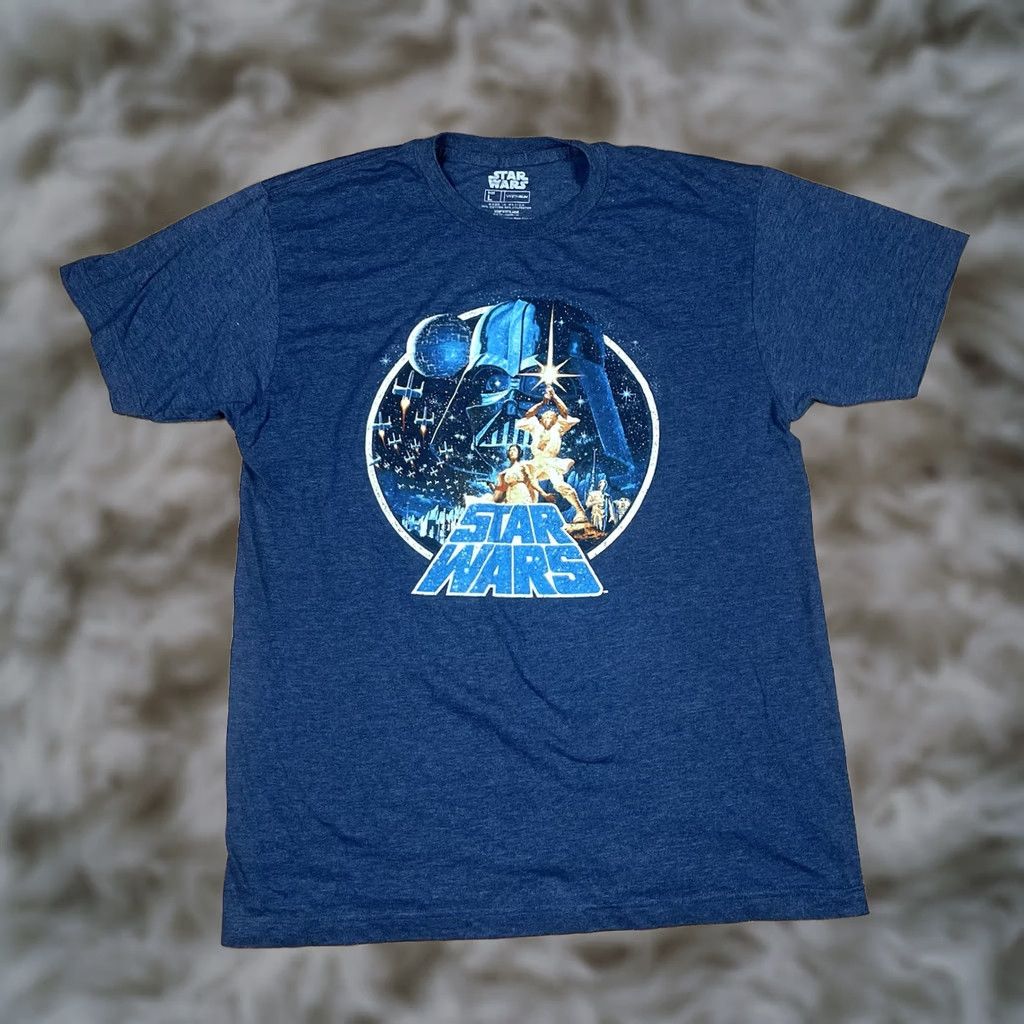 Star Wars Star Wars Graphics T-Shirt Mens L Blue Crewneck Short Sleeve Cotton Polyester Knit Logo Print Regular Size US L / EU 52-54 / 3 - 1 Thumbnail